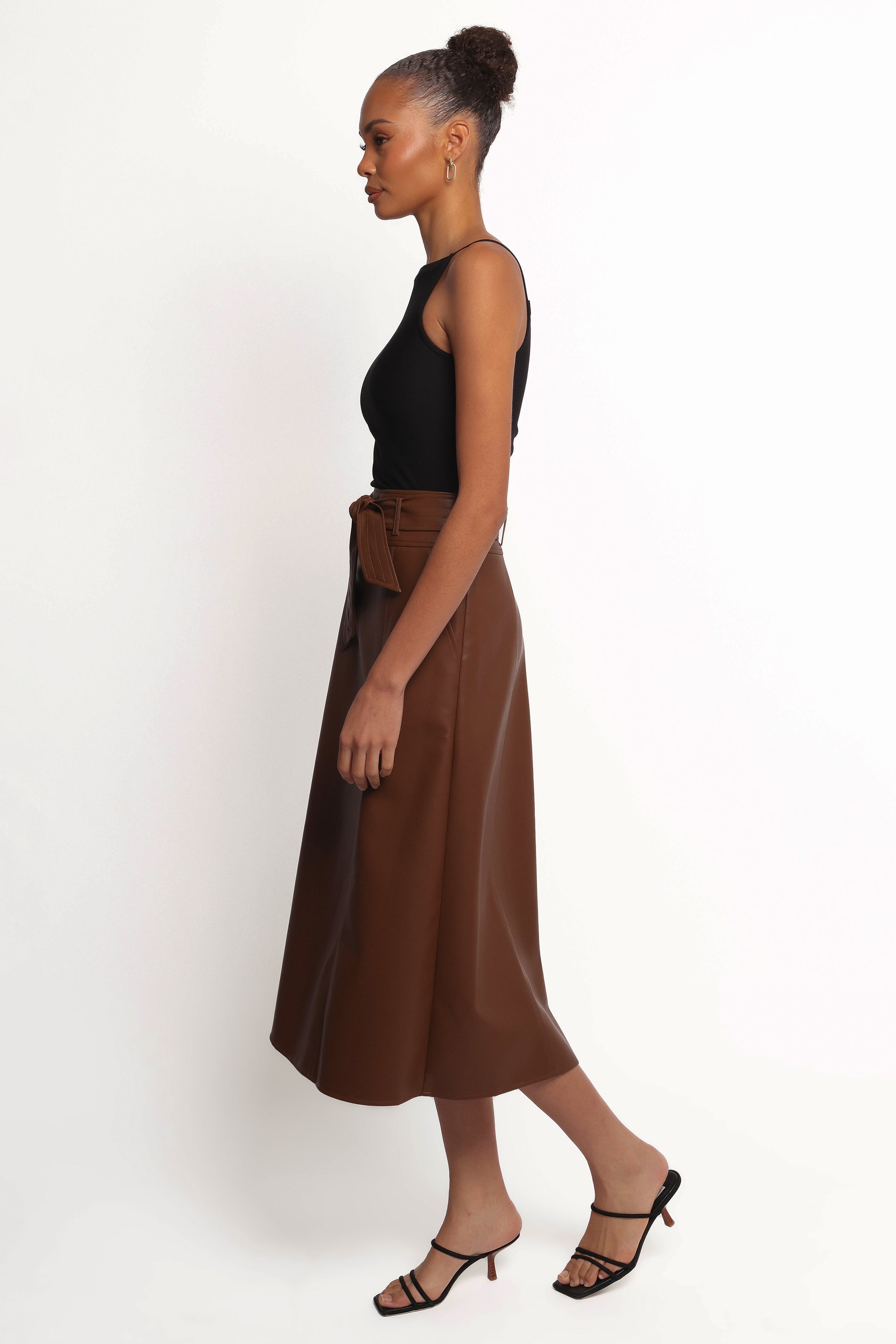 Petal and Pup USA BOTTOMS Adaline Faux Leather Midi Skirt - Brown