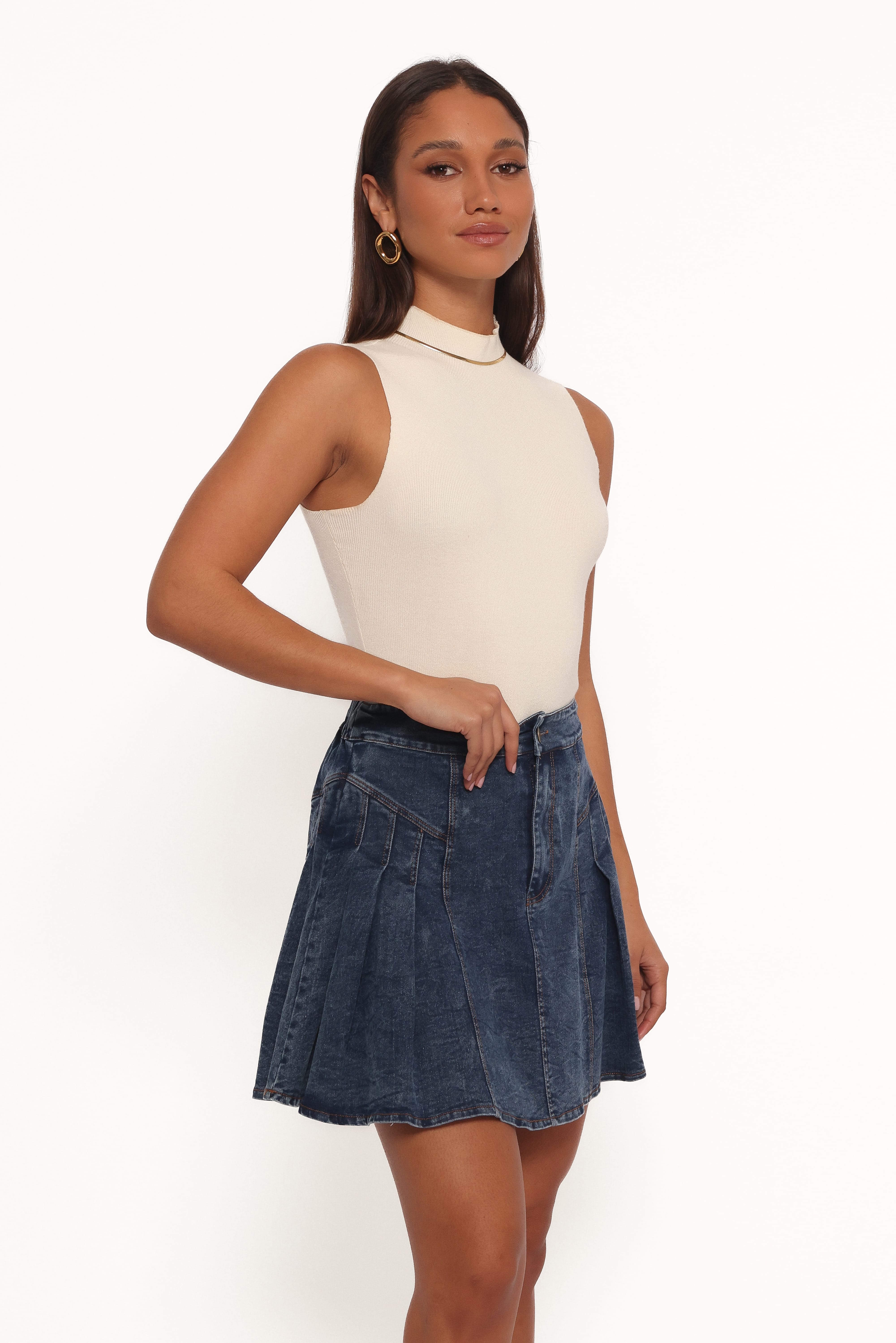 Alek Pleated Mini Skirt - Mid Wash Denim | Petal & Pup USA