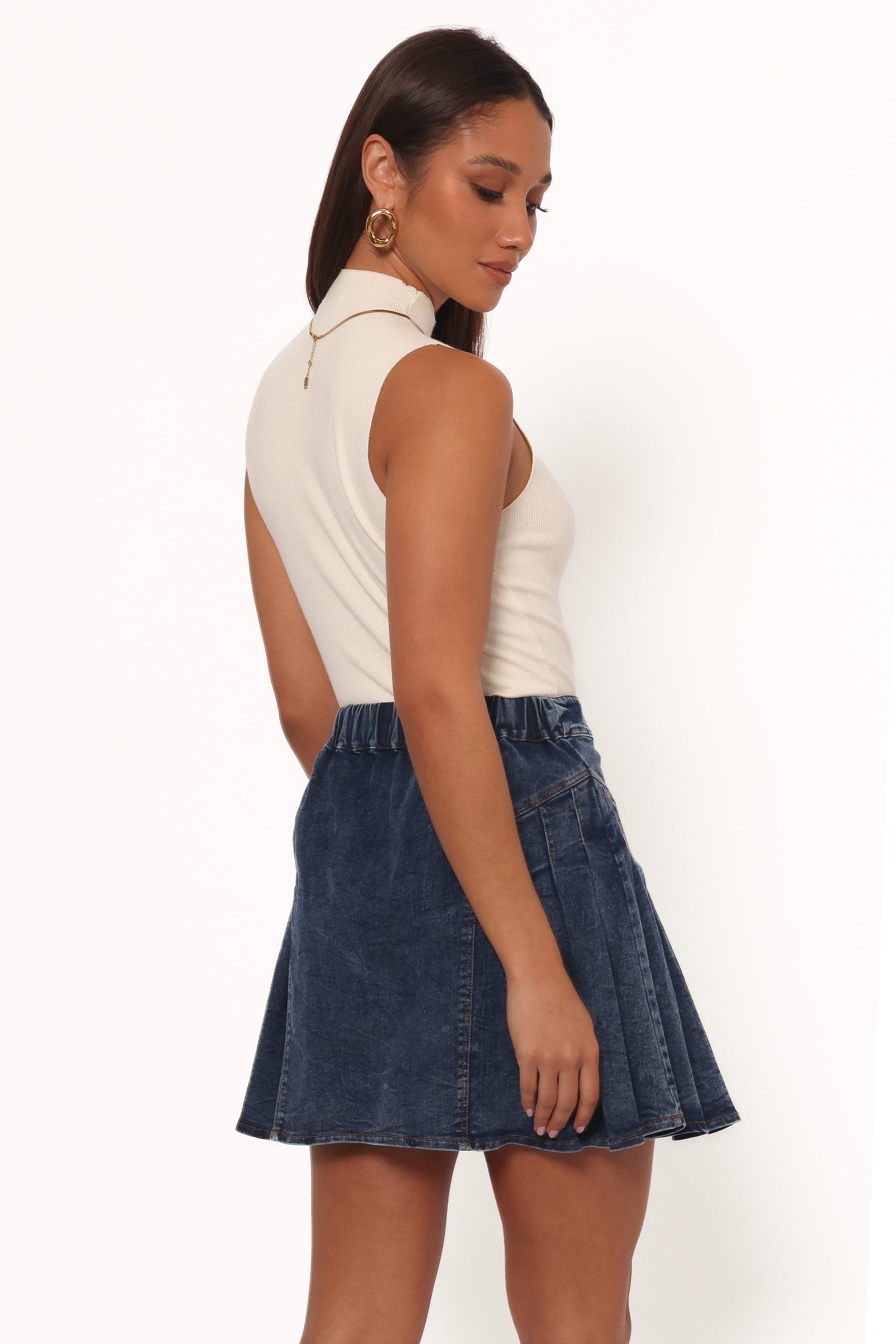 Alek Pleated Mini Skirt - Mid Wash Denim | Petal & Pup USA