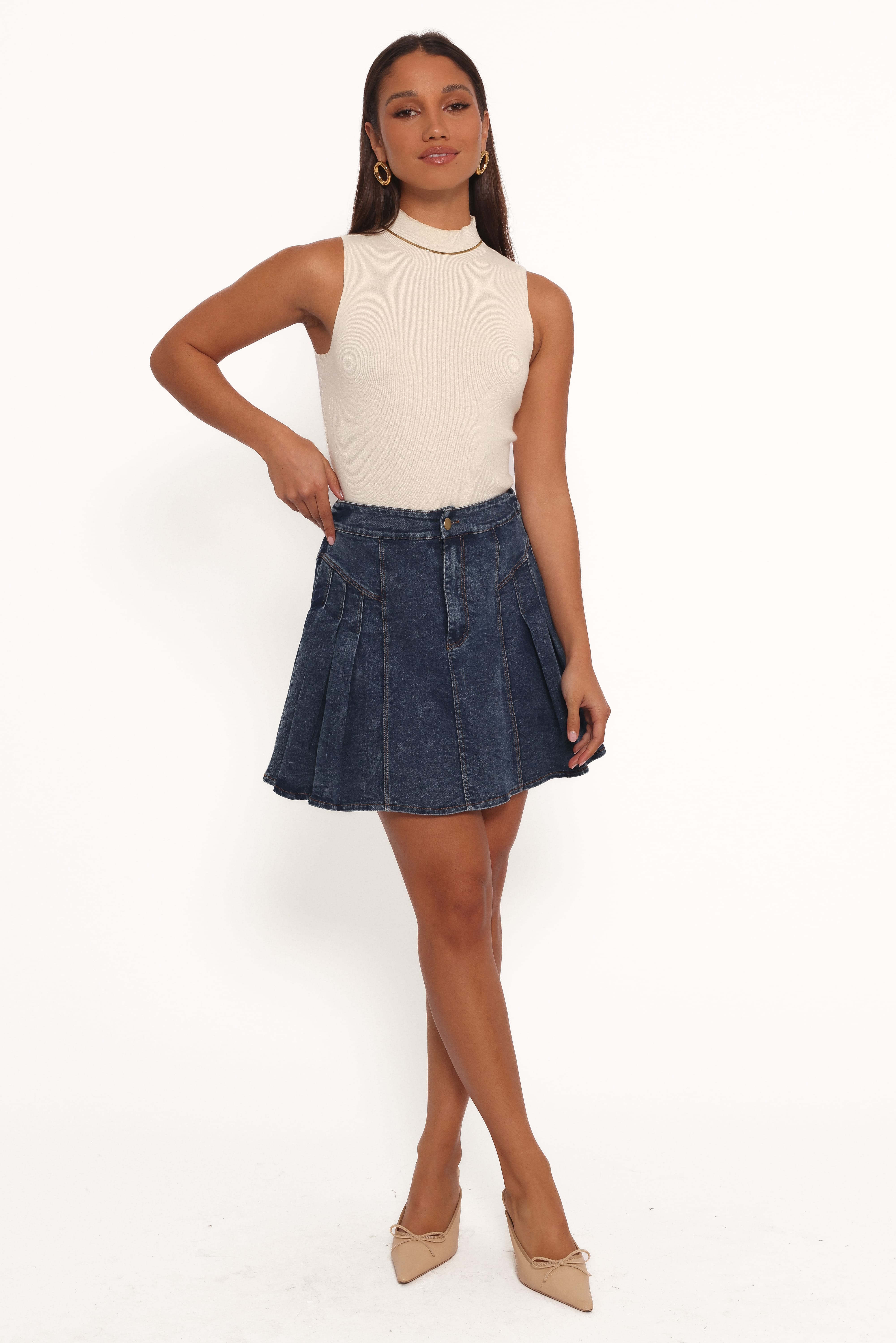 Alek Pleated Mini Skirt - Mid Wash Denim | Petal & Pup USA
