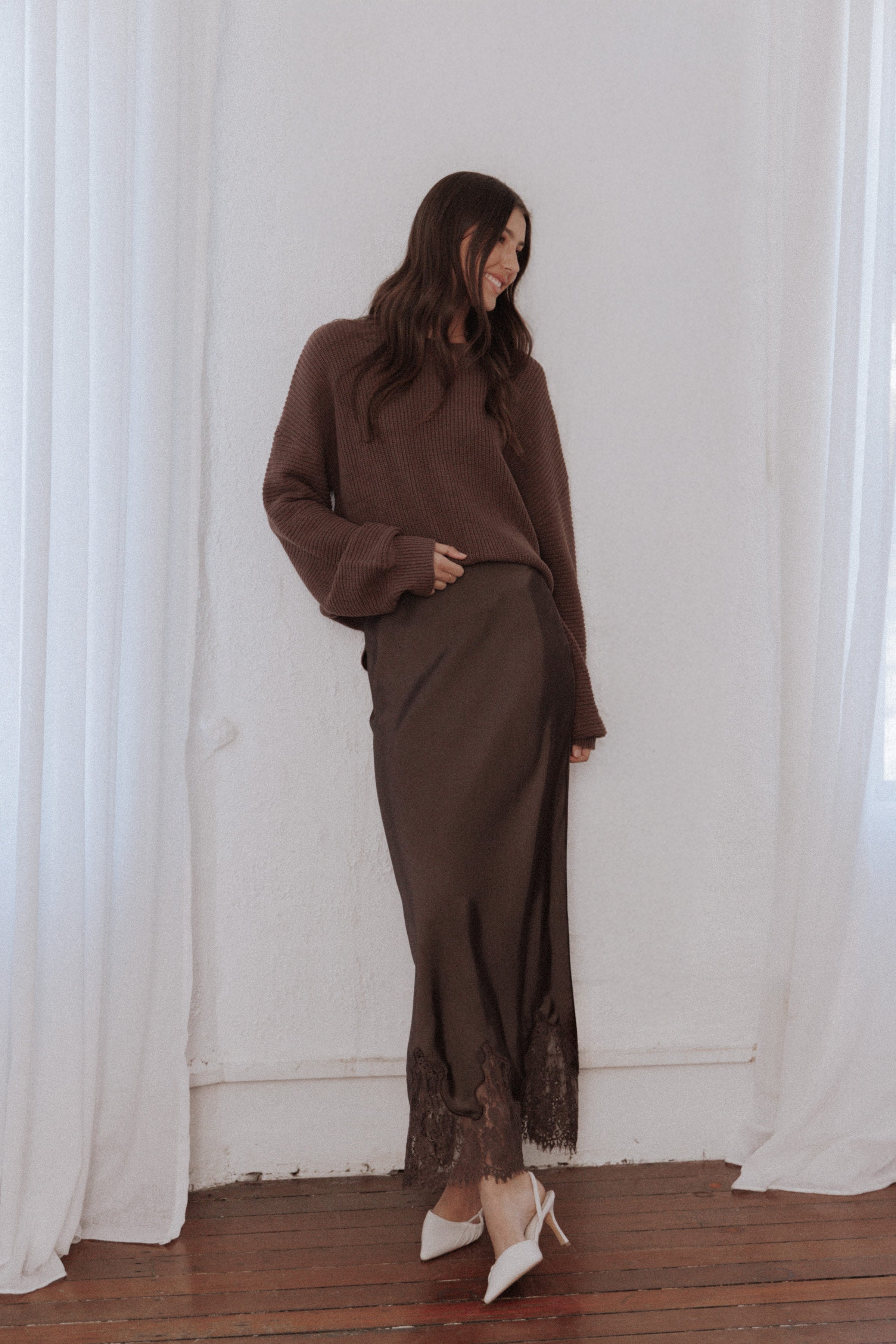 Petal and Pup USA BOTTOMS Alira Lace Trim Midi Skirt - Brown