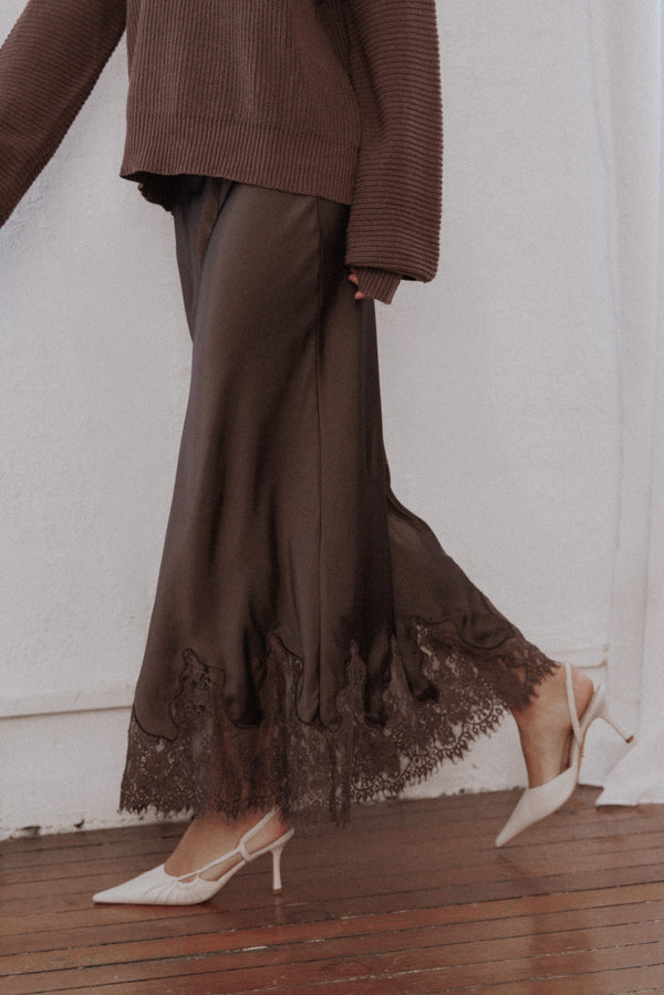 Petal and Pup USA BOTTOMS Alira Lace Trim Midi Skirt - Brown