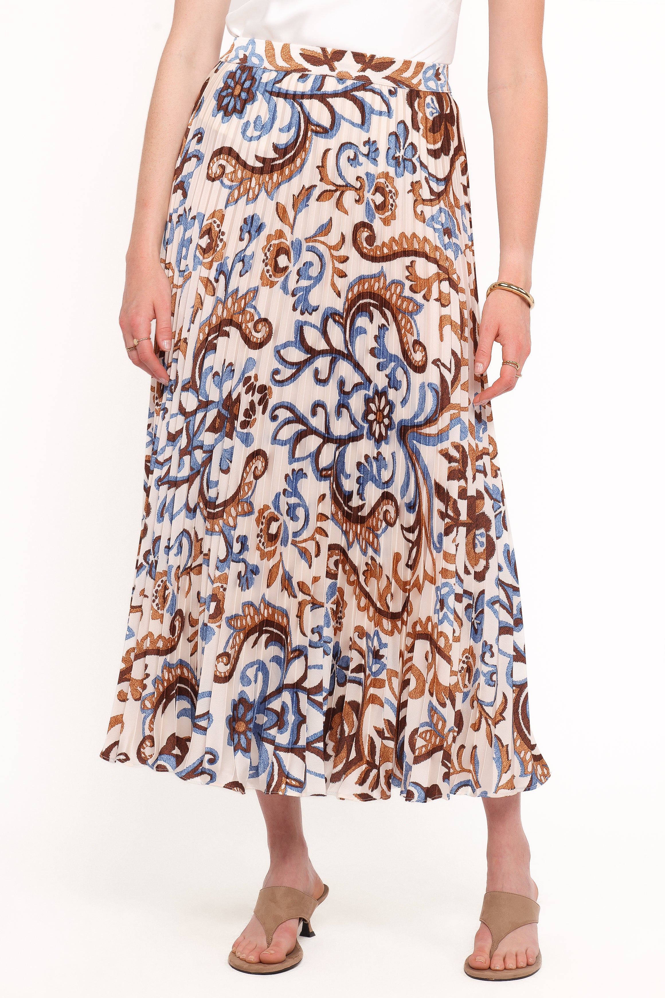 Petal and Pup USA BOTTOMS Aoife Pleated Midi Skirt - Ivory Brown Blue