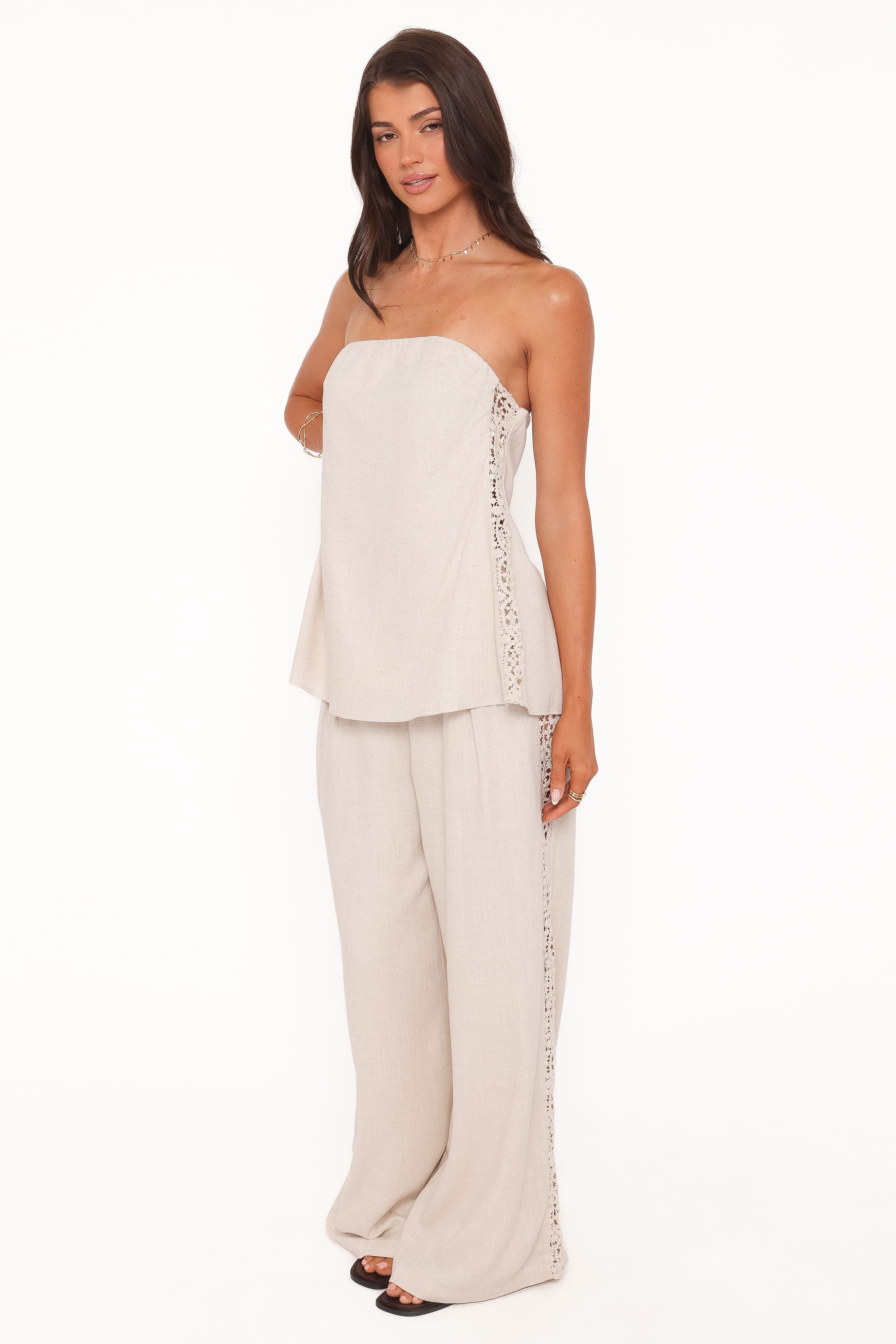 Petal and Pup USA BOTTOMS Arles Wide Leg Pants - Beige Lace