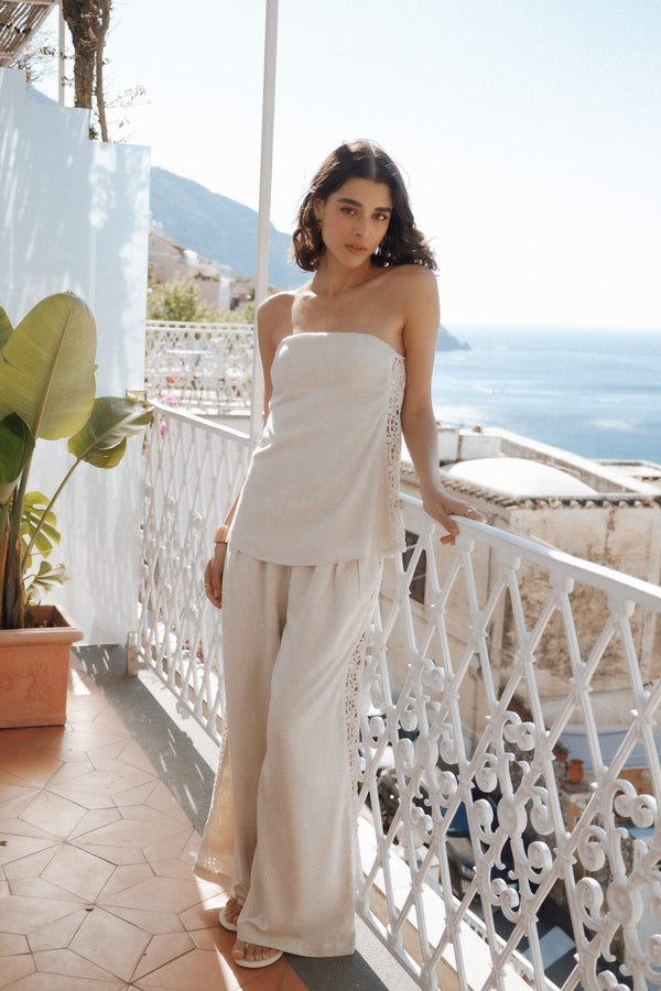 Petal and Pup USA BOTTOMS Arles Wide Leg Pants - Beige Lace