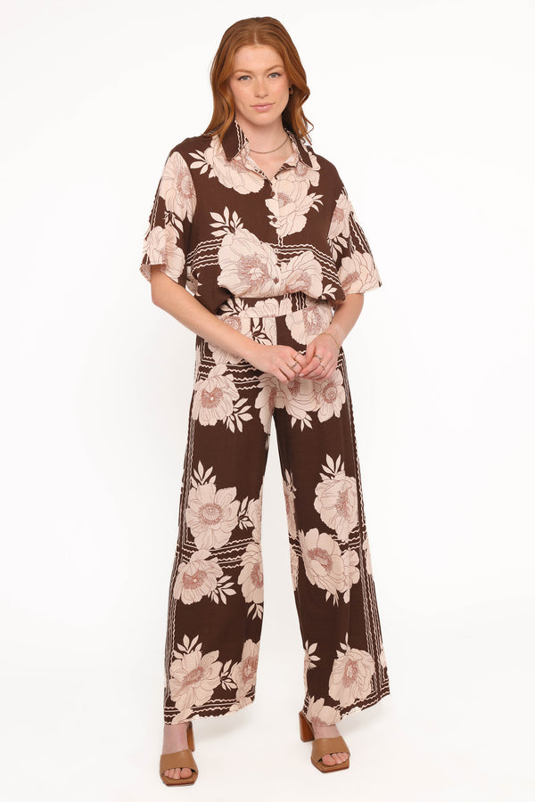 Petal and Pup USA BOTTOMS Bernadine Wide Leg Pant - Brown Floral