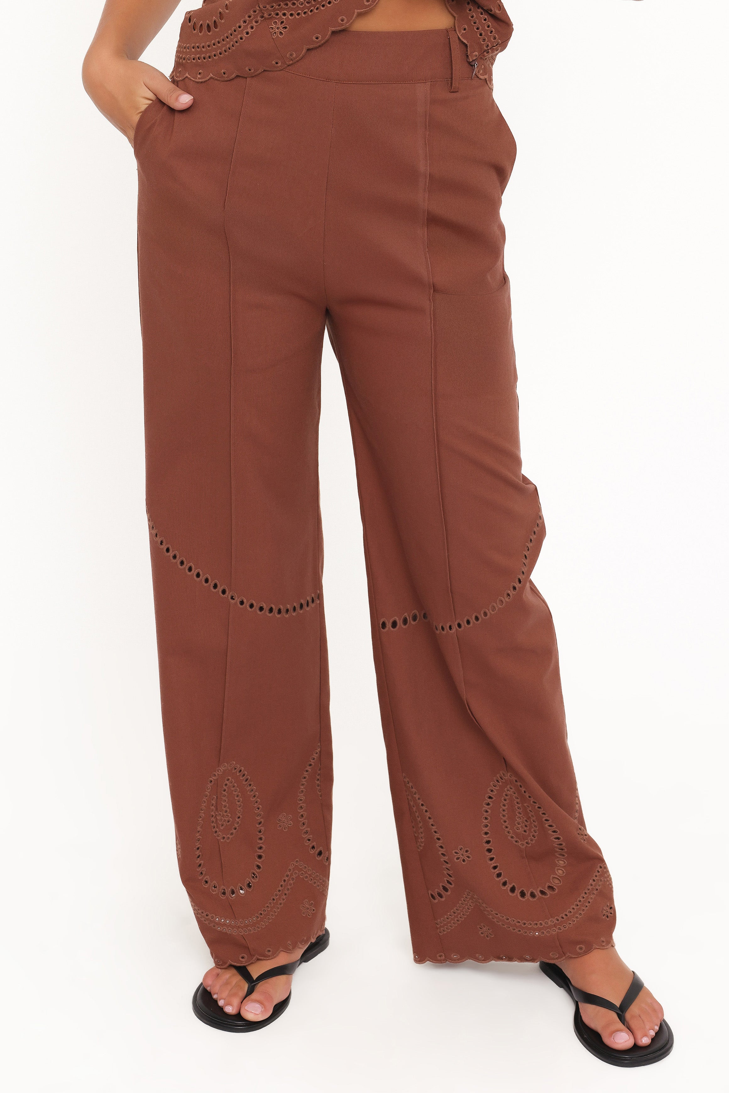 Petal and Pup USA BOTTOMS Dalia Eyelet Pant - Brown