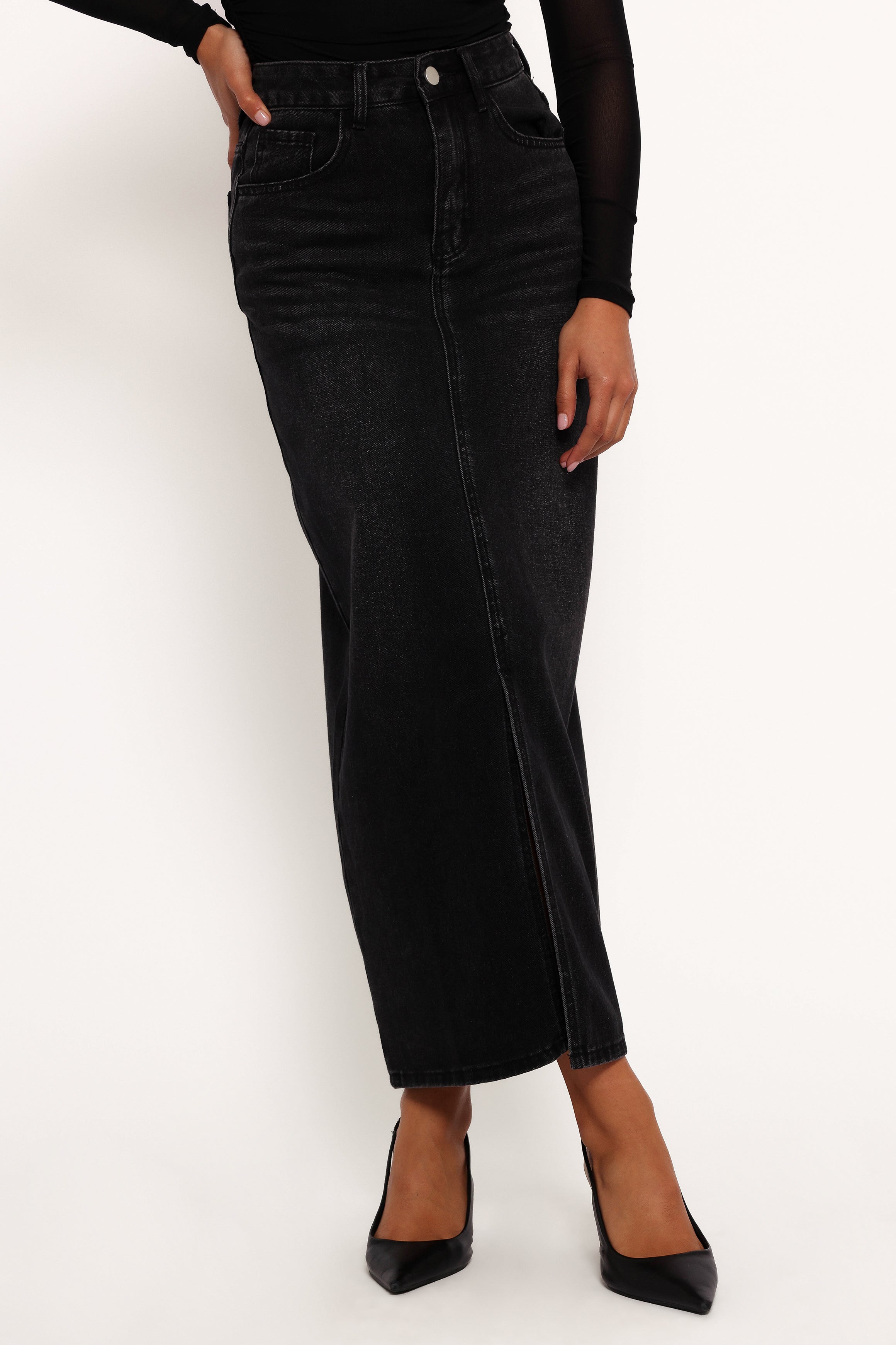 Petal and Pup USA BOTTOMS Dana Denim Midi Skirt - Black Wash