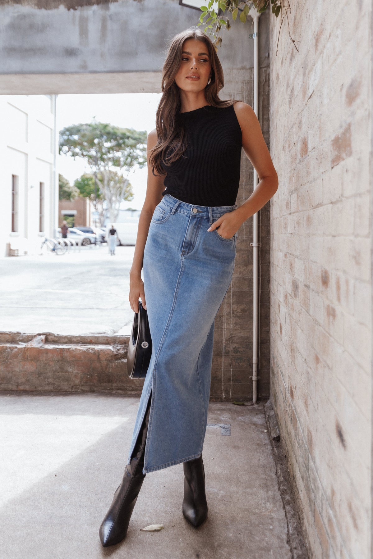 dana denim maxi dress Dana Denim Midi Skirt