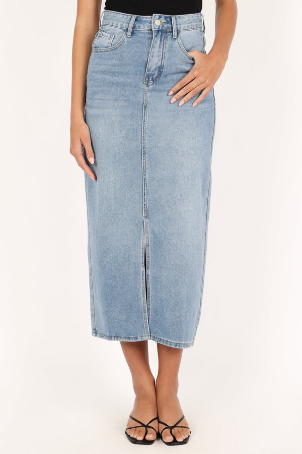 Petal and Pup USA BOTTOMS Dana Denim Midi Skirt - Blue Wash