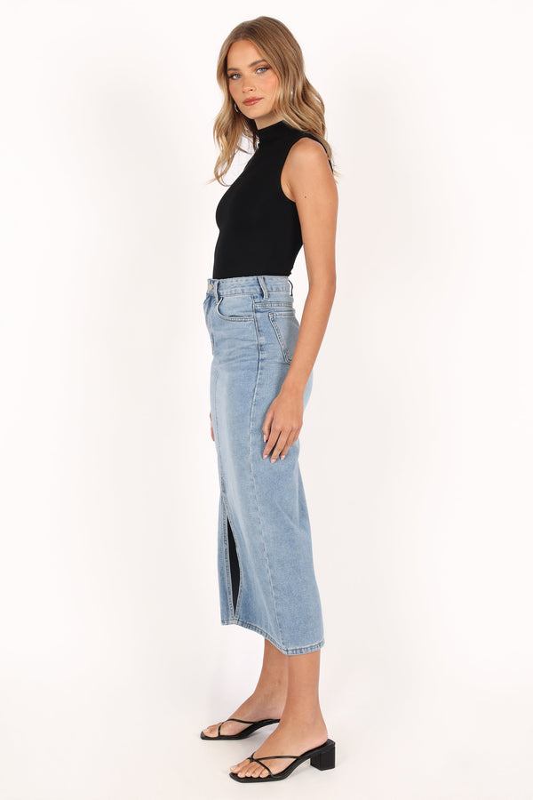 Petal and Pup USA BOTTOMS Dana Denim Midi Skirt - Blue Wash