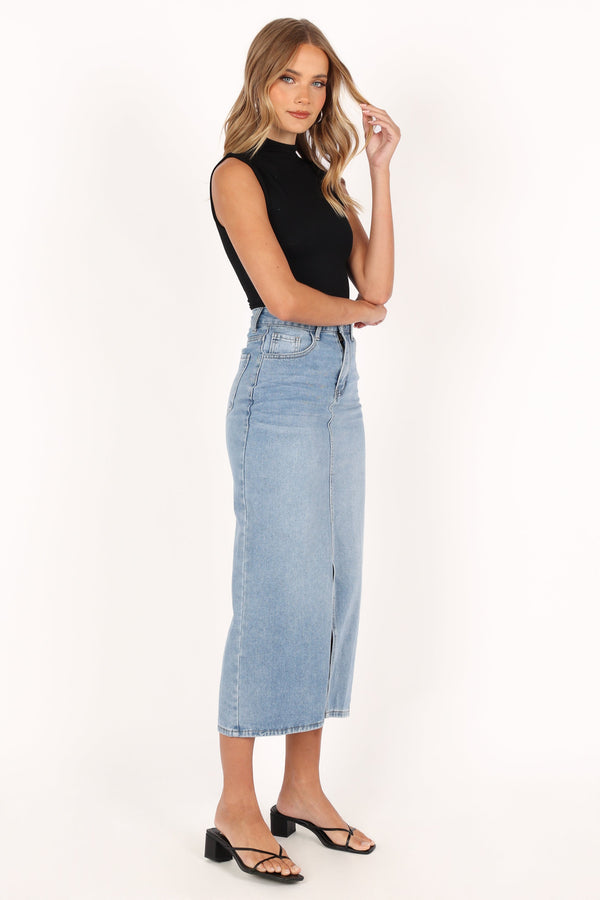 Petal and Pup USA BOTTOMS Dana Denim Midi Skirt - Blue Wash