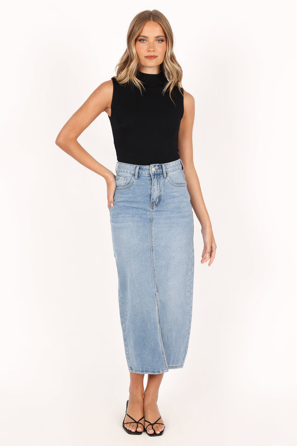 Petal and Pup USA BOTTOMS Dana Denim Midi Skirt - Blue Wash