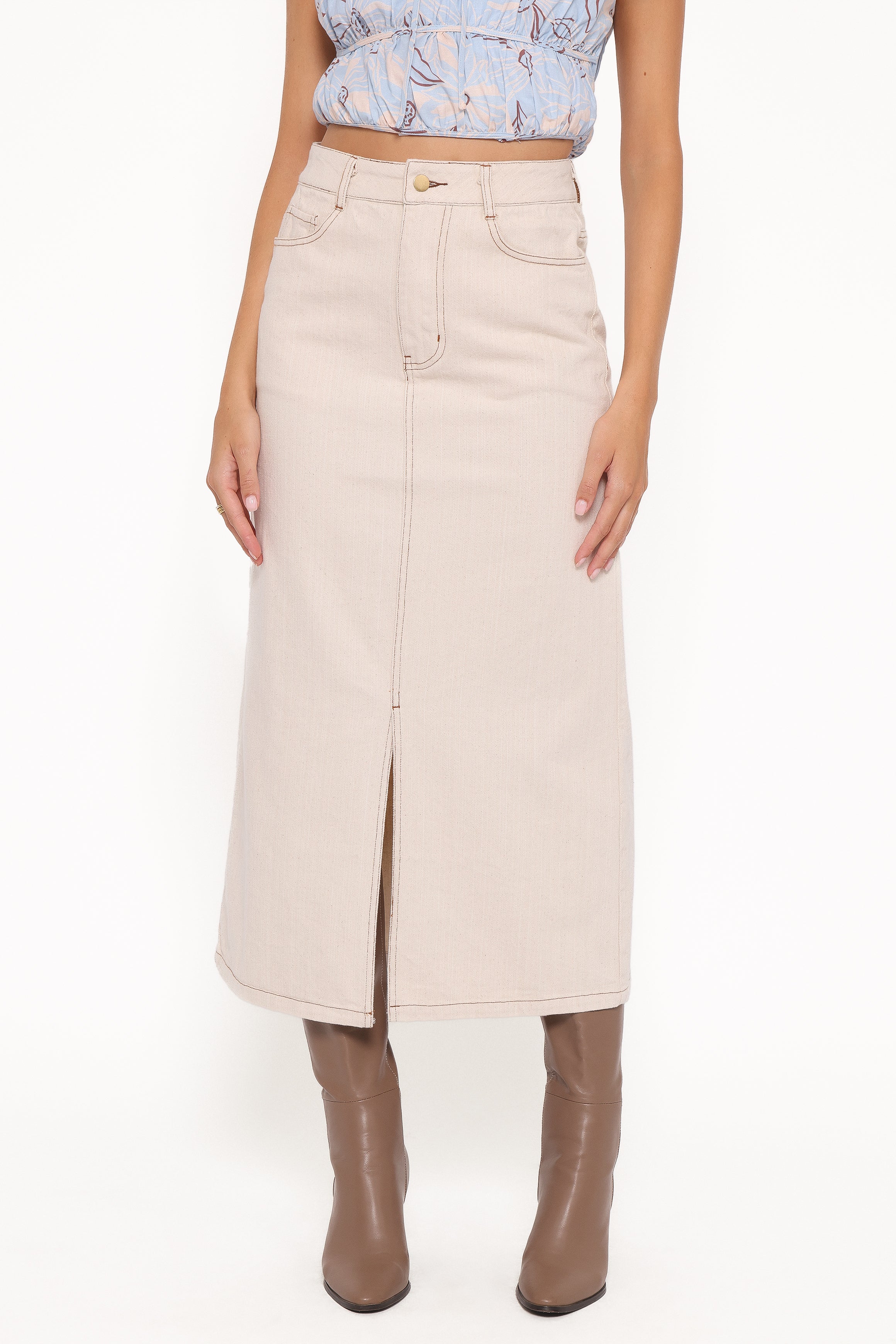 Petal and Pup USA BOTTOMS Dana Denim Midi Skirt - Bone