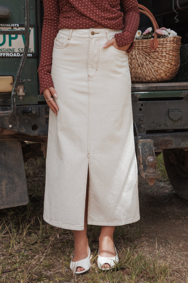 Petal and Pup USA BOTTOMS Dana Denim Midi Skirt - Bone