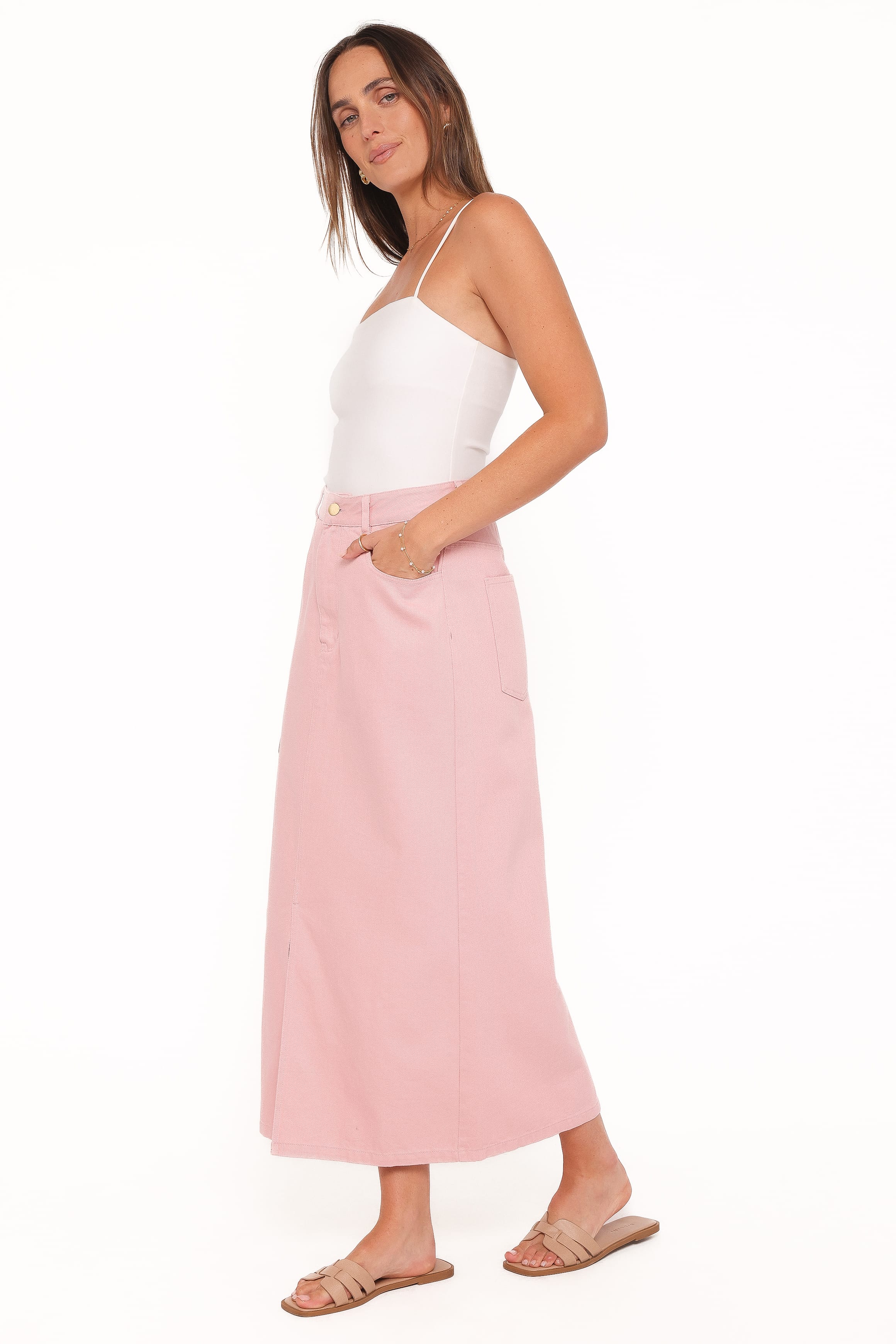 Dana Denim Midi Skirt - Dusty Pink | Petal & Pup USA