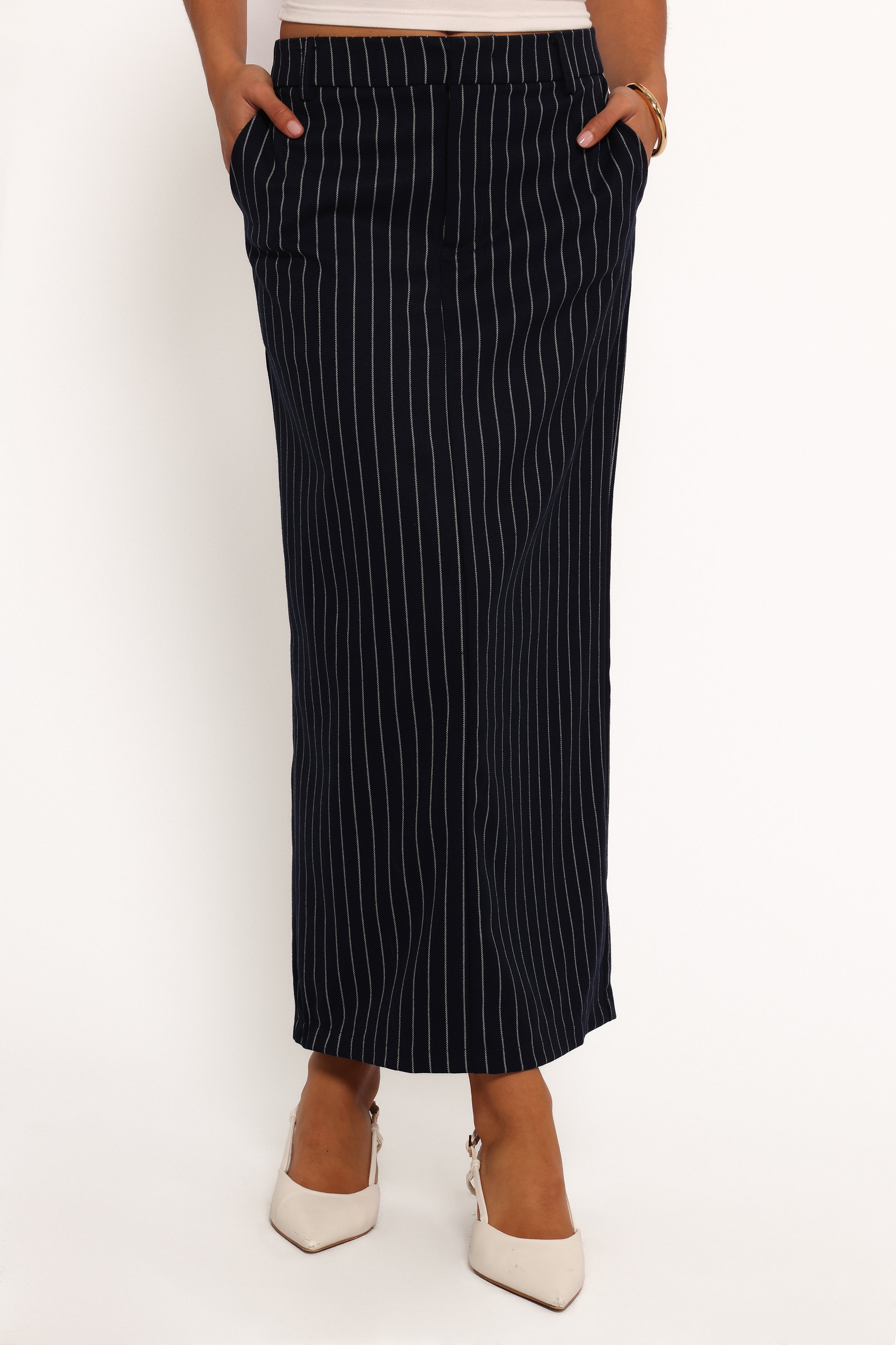 Petal and Pup USA BOTTOMS Ellory Midi Skirt - Navy Pinstripe