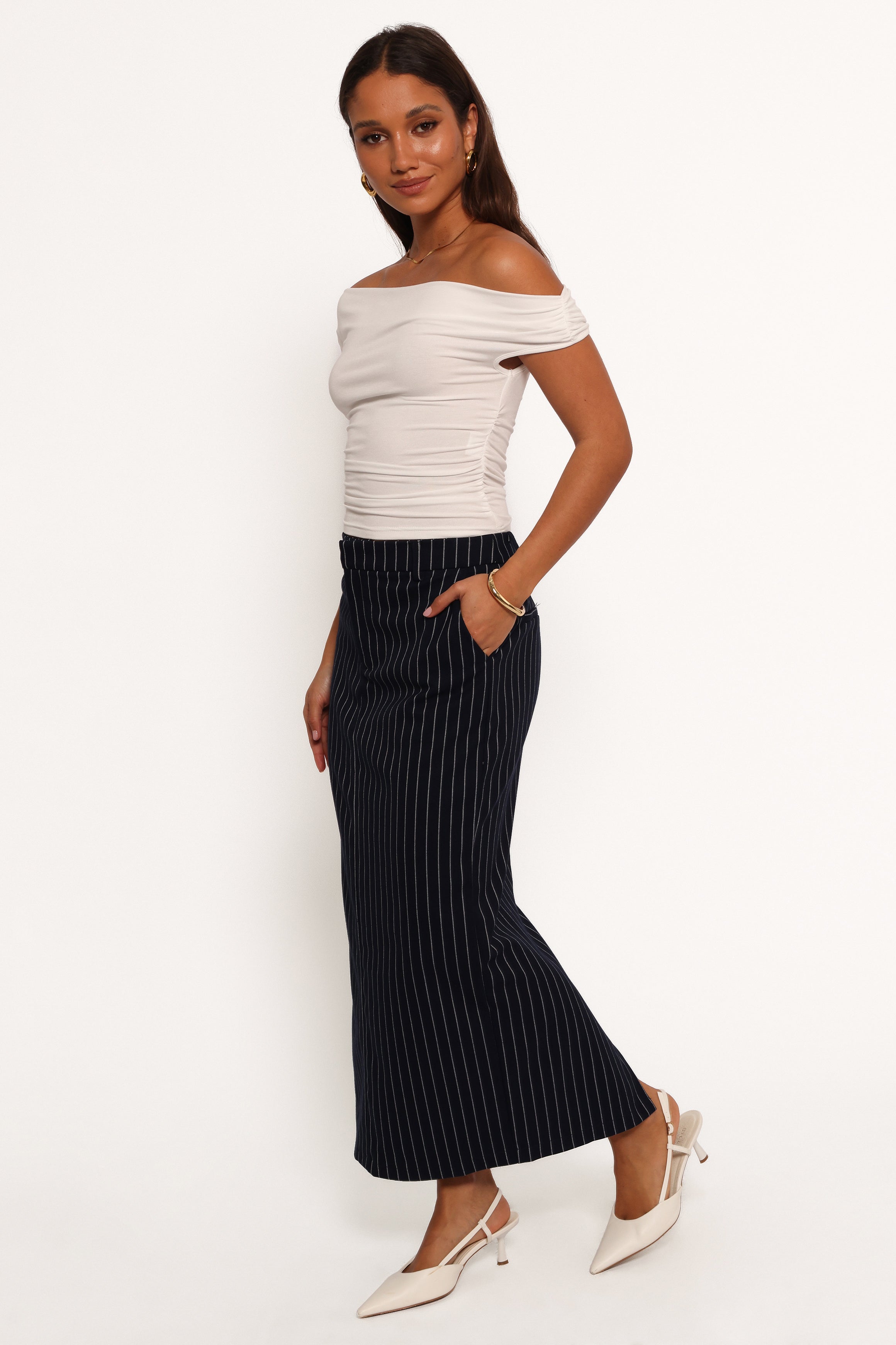 Petal and Pup USA BOTTOMS Ellory Midi Skirt - Navy Pinstripe