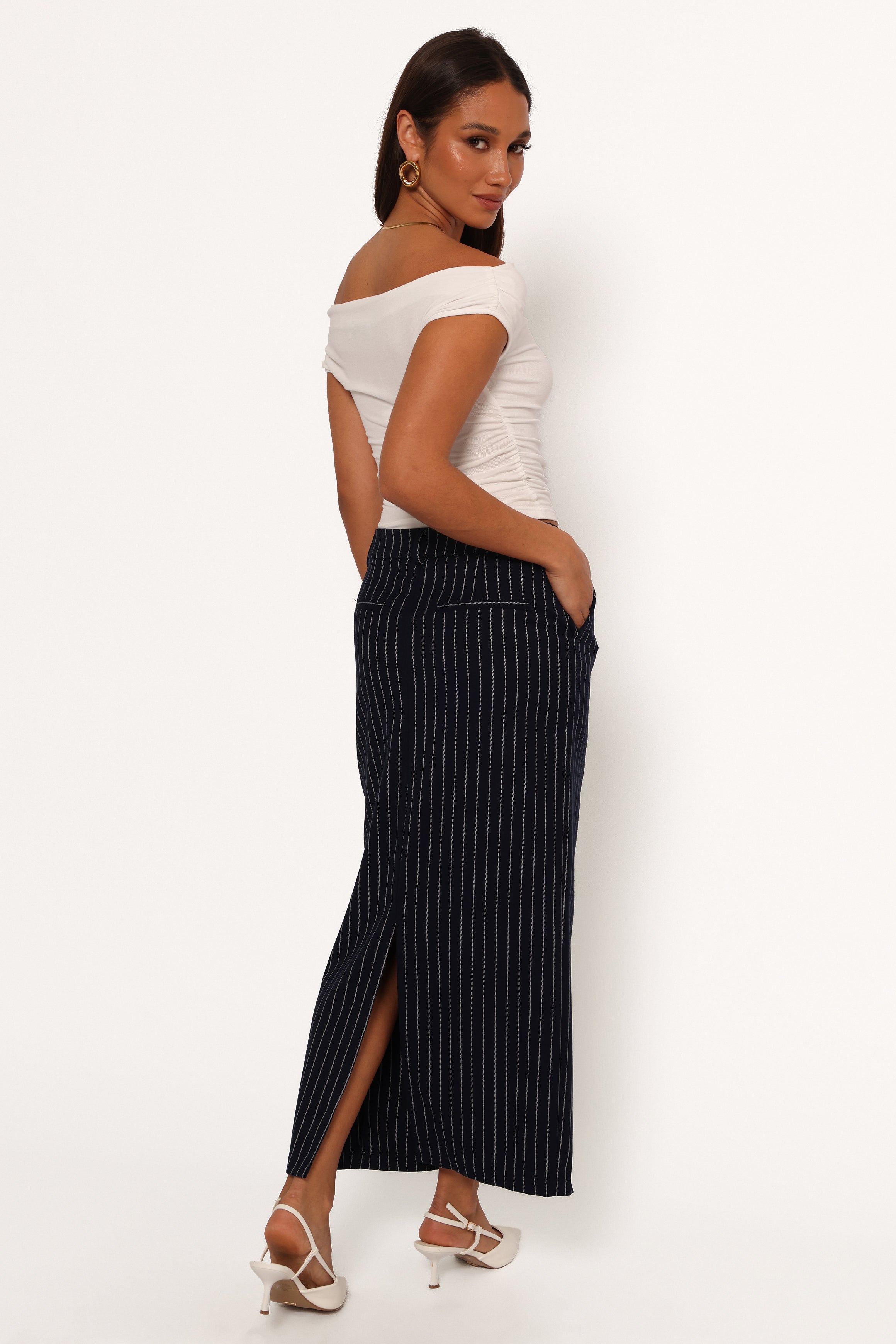 Petal and Pup USA BOTTOMS Ellory Midi Skirt - Navy Pinstripe