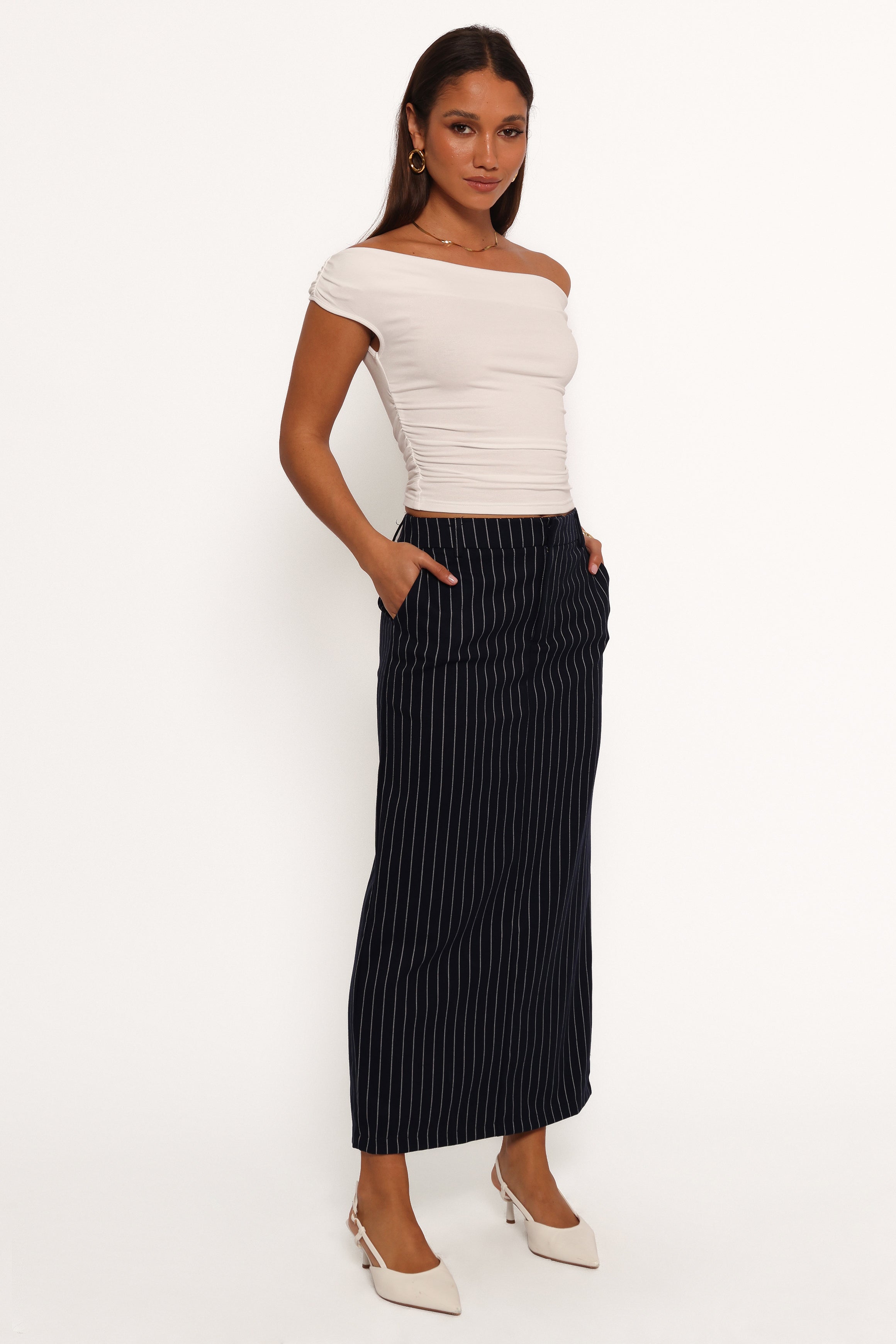 Petal and Pup USA BOTTOMS Ellory Midi Skirt - Navy Pinstripe