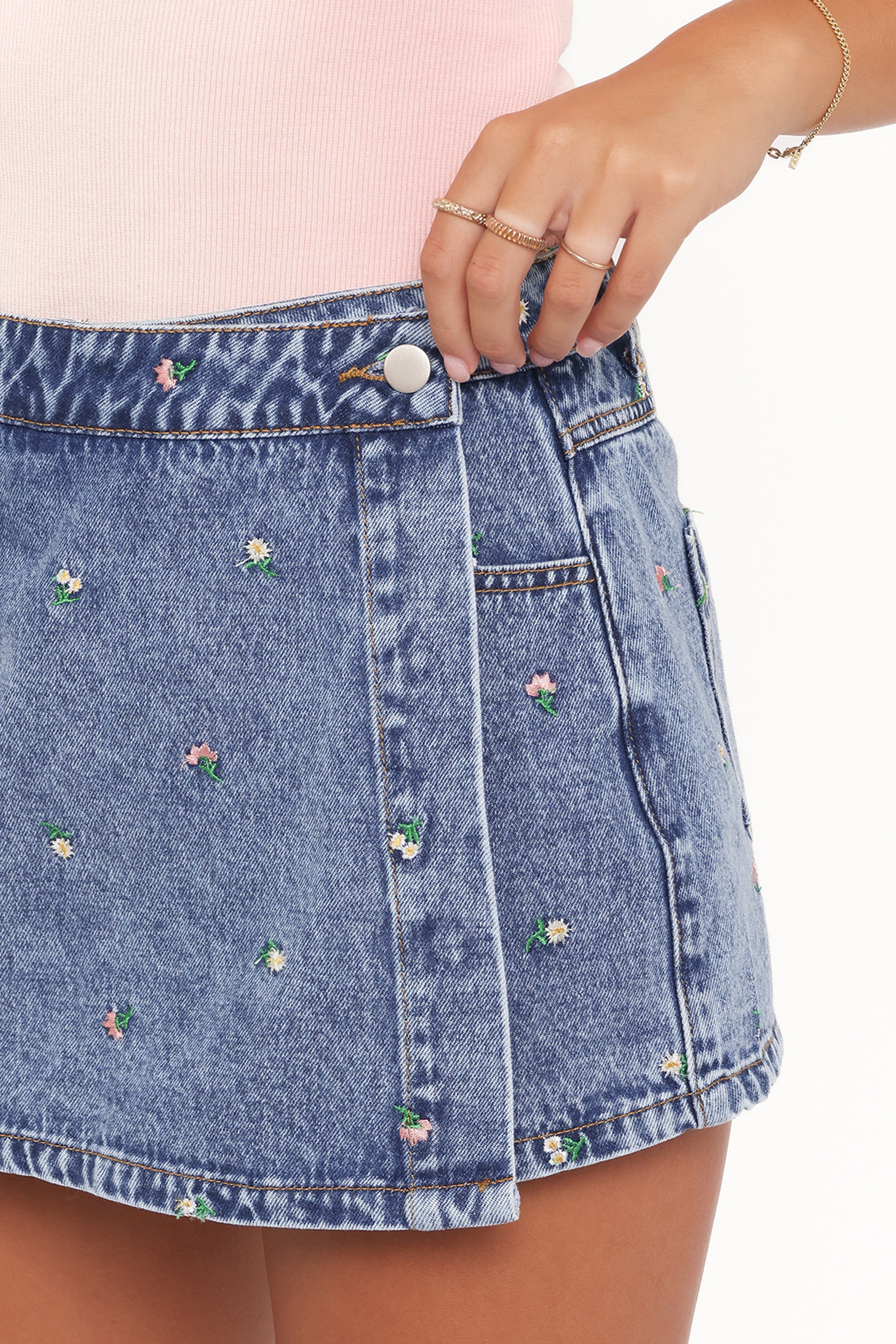Petal and Pup USA BOTTOMS Evanna Denim Skort - Embroidery Medium Wash