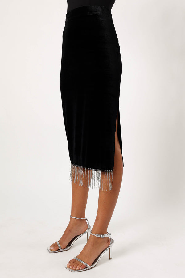 Petal and Pup USA BOTTOMS Greta Velvet Fringe Skirt - Black