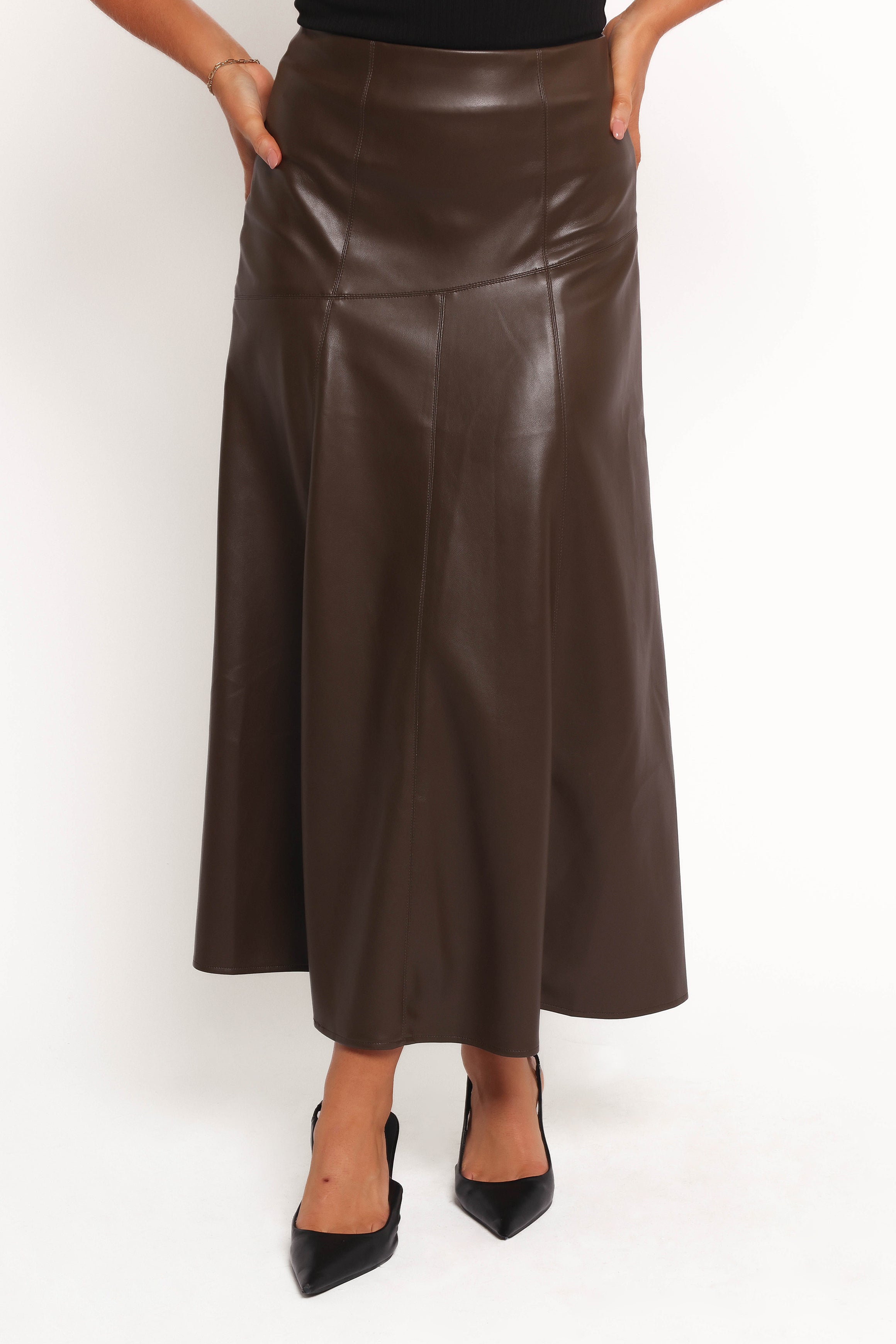 Petal and Pup USA BOTTOMS Haelee Faux Leather Skirt - Brown (Hold for Rack)
