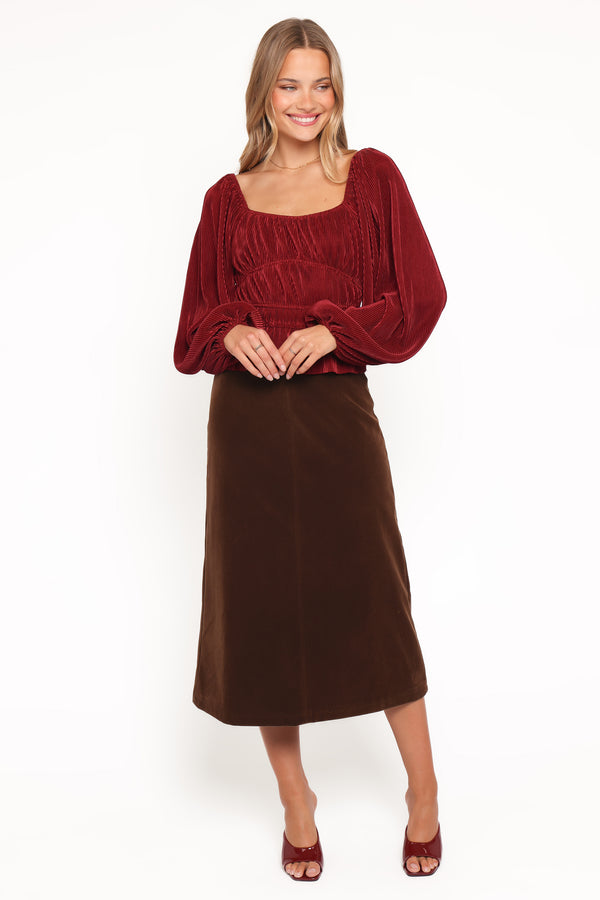 Petal and Pup USA BOTTOMS Halina Velvet Midi Skirt - Chocolate