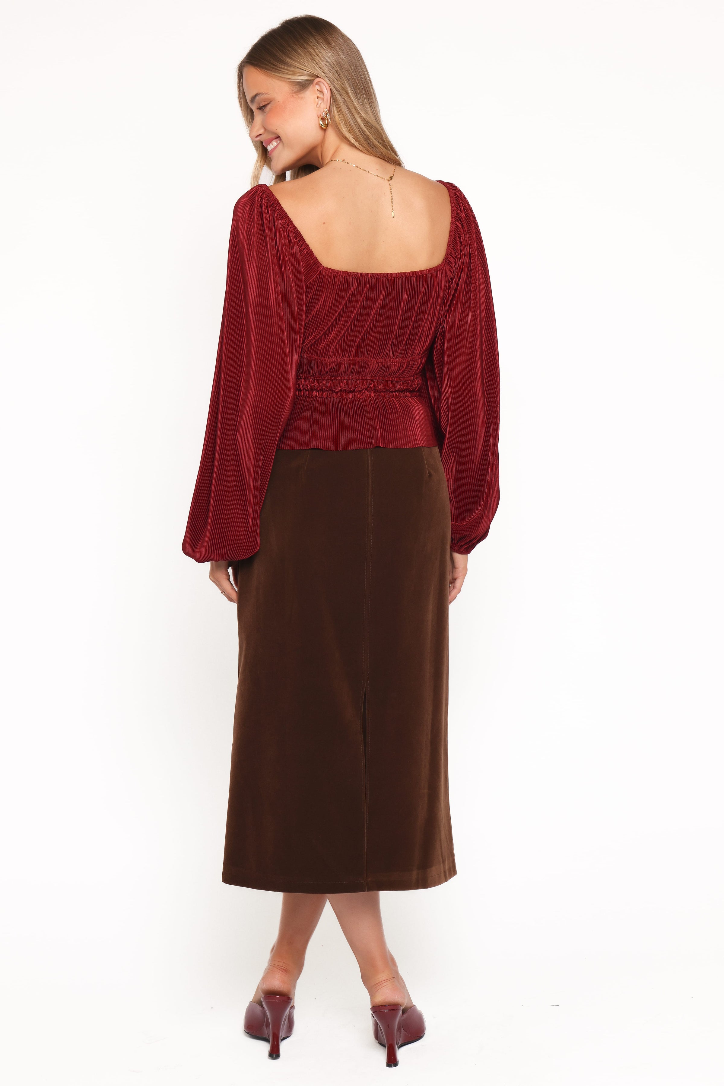 Petal and Pup USA BOTTOMS Halina Velvet Midi Skirt - Chocolate