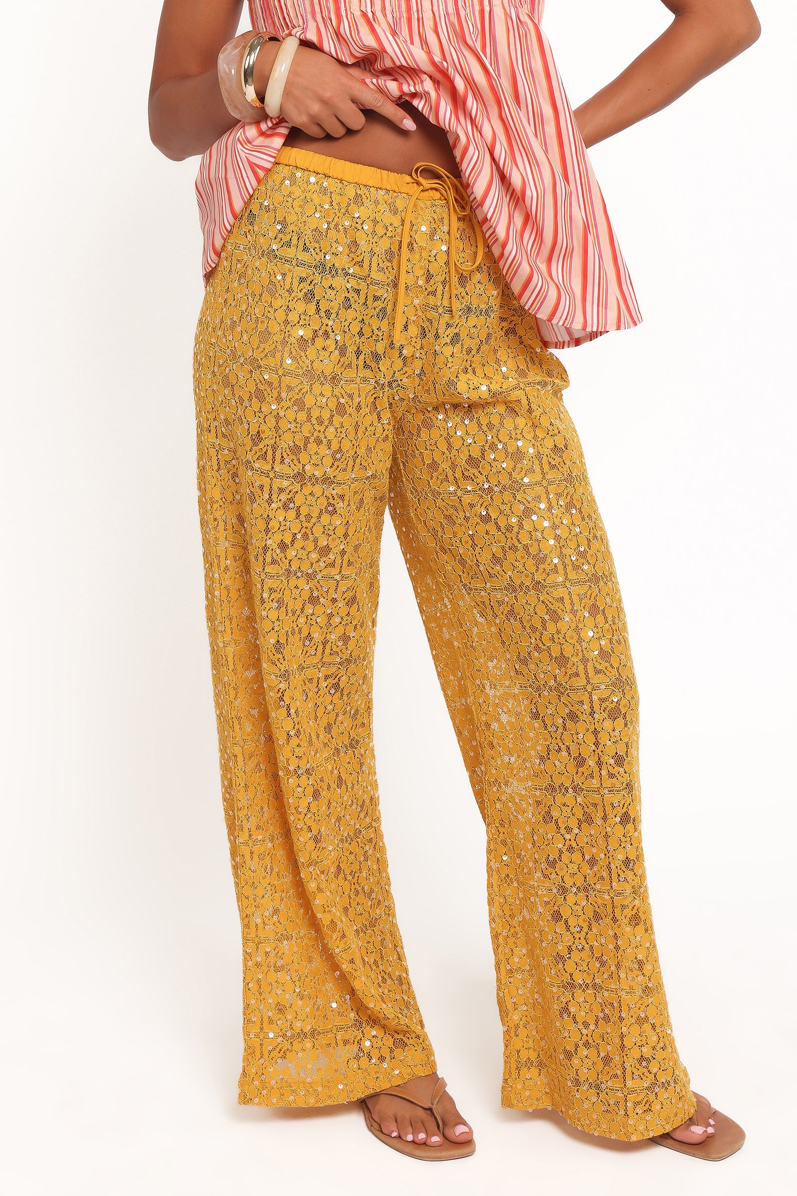 Petal and Pup USA BOTTOMS Jacinta Sequin Lace Pant - Mango