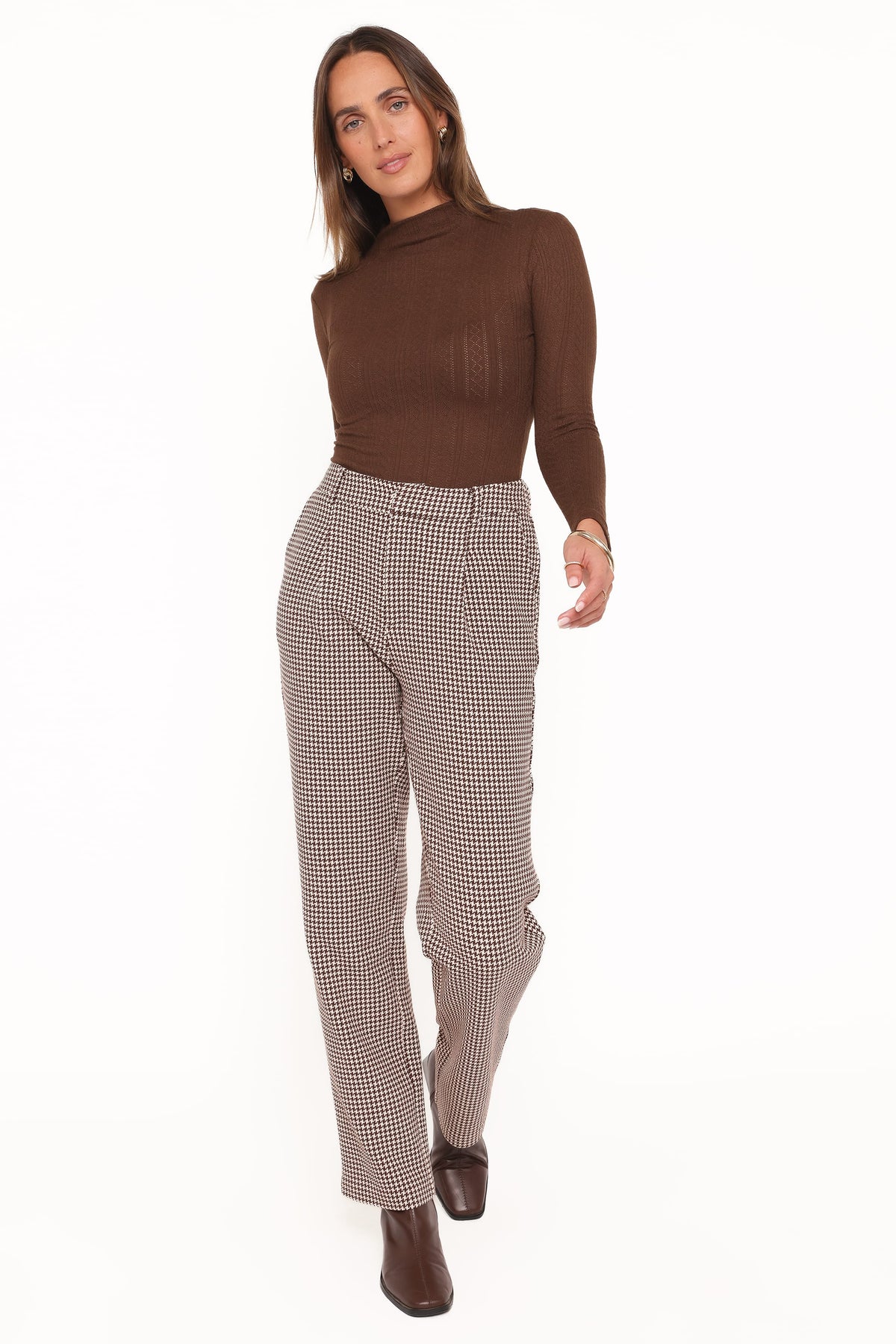 Petal and Pup USA BOTTOMS Jessie Straight Leg Trouser Pants - Brown Houndstooth