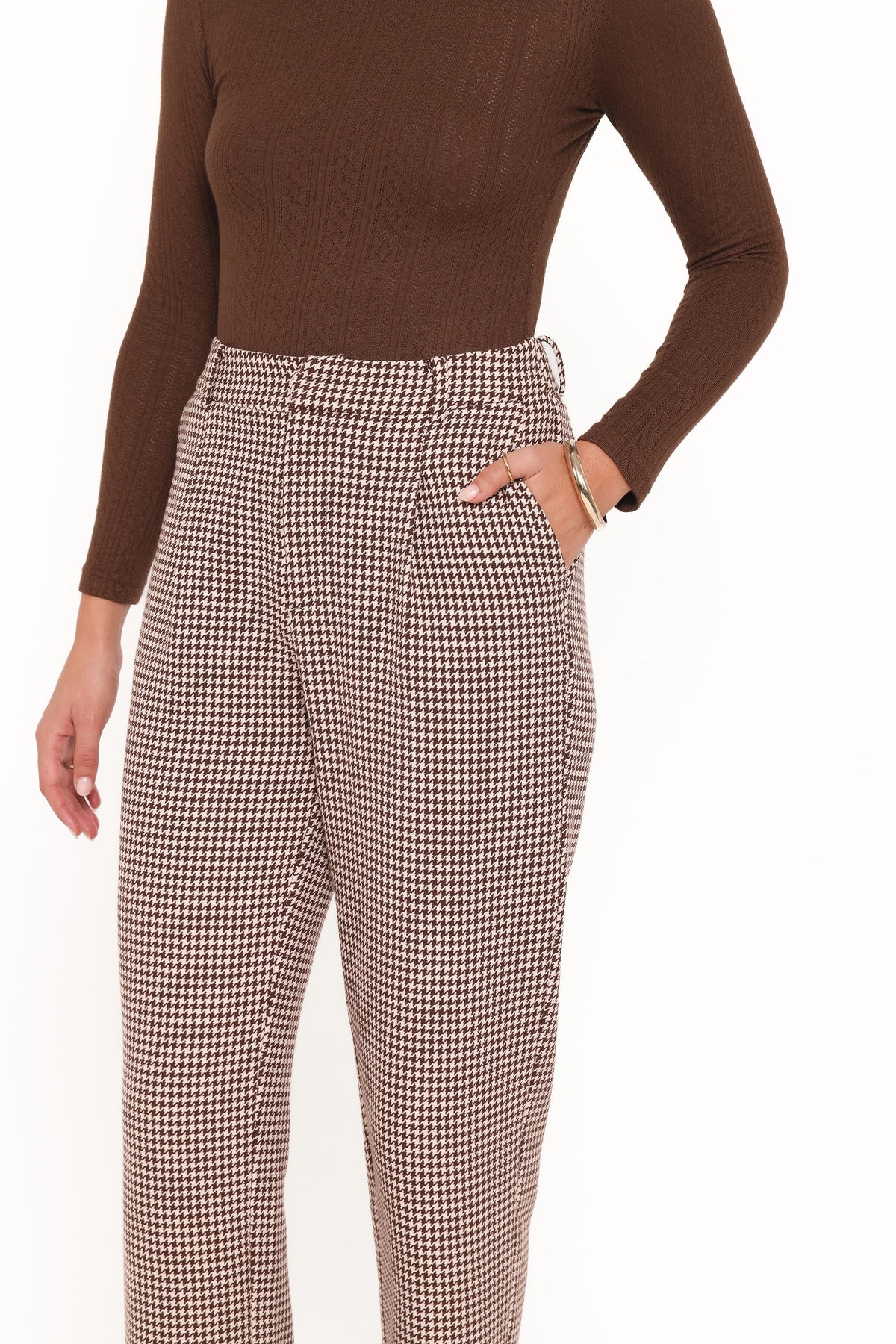 Petal and Pup USA BOTTOMS Jessie Straight Leg Trouser Pants - Brown Houndstooth