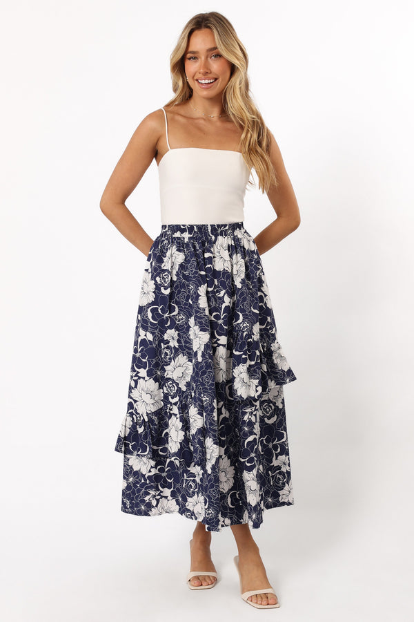 Petal and Pup USA BOTTOMS Josephine Tiered Midi Skirt - Navy