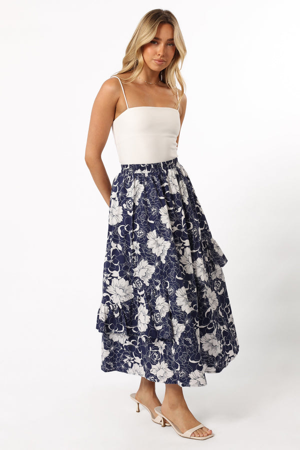 Petal and Pup USA BOTTOMS Josephine Tiered Midi Skirt - Navy