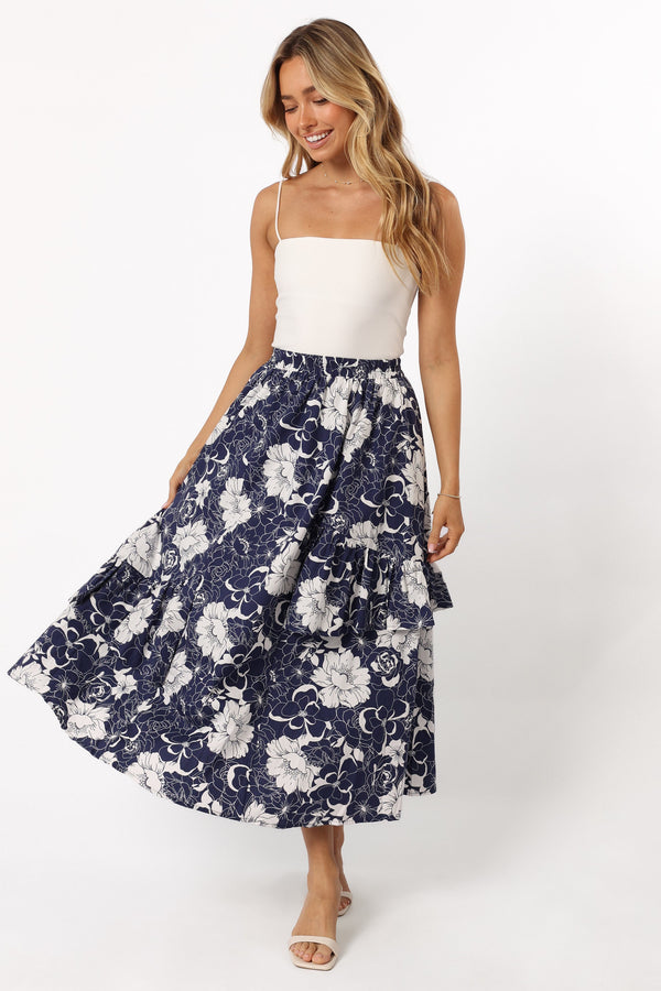 Petal and Pup USA BOTTOMS Josephine Tiered Midi Skirt - Navy