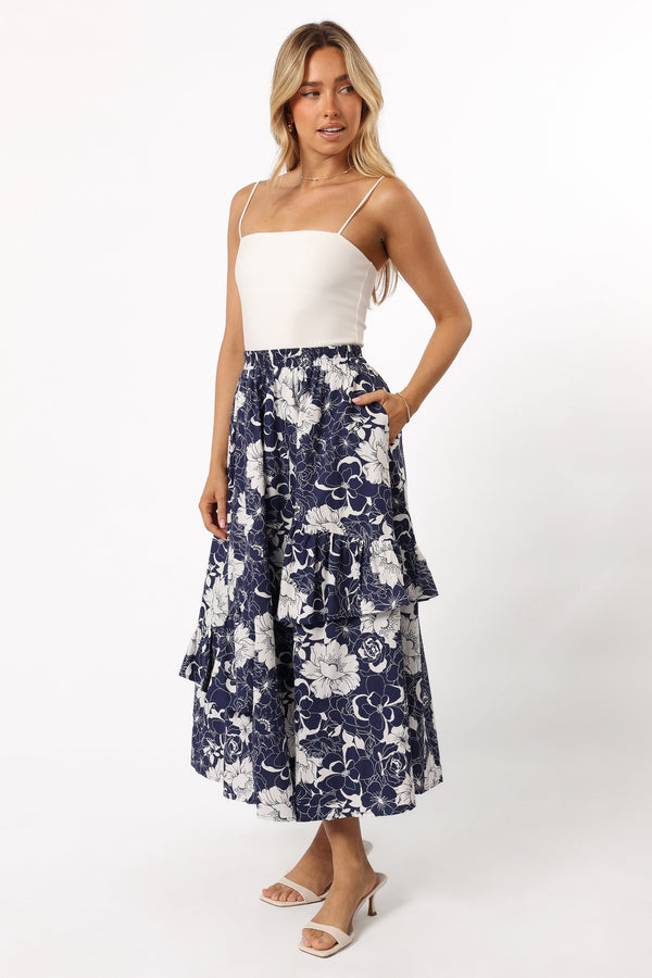 Petal and Pup USA BOTTOMS Josephine Tiered Midi Skirt - Navy