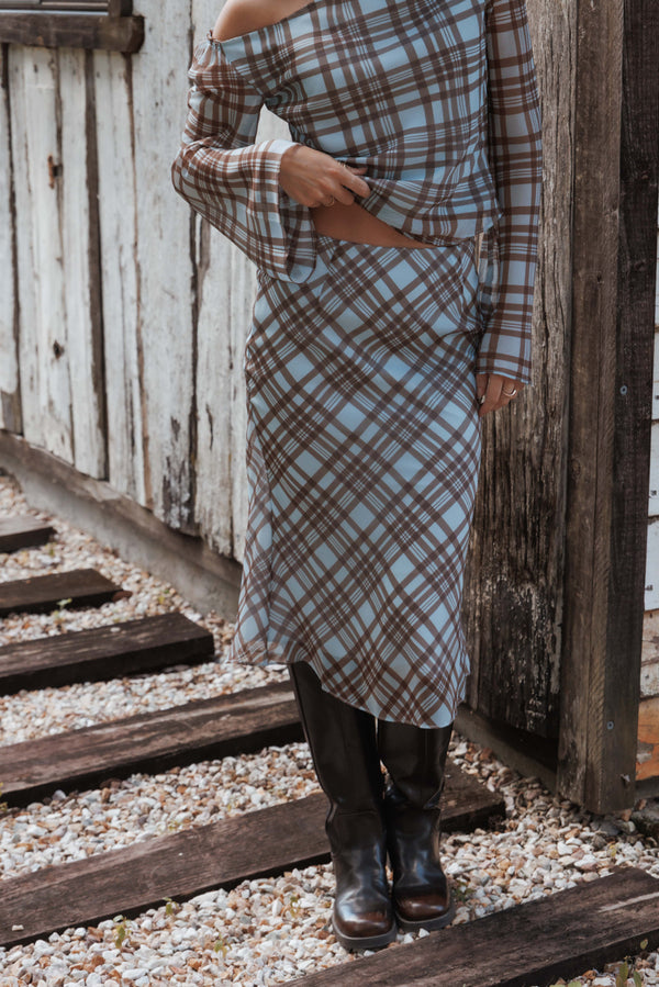 Petal and Pup USA BOTTOMS Josiana Pencil Skirt - Blue/Brown Plaid