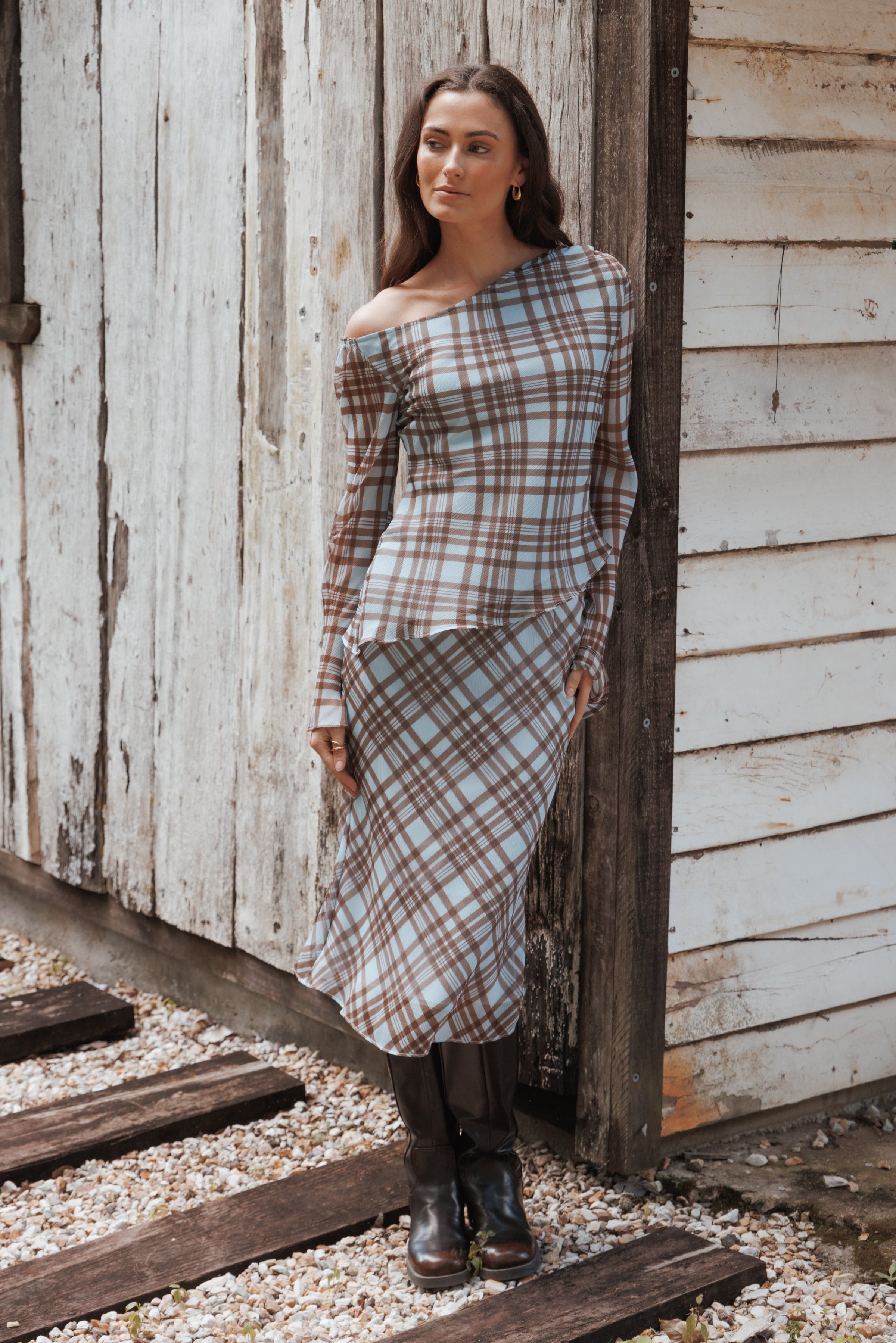 Petal and Pup USA BOTTOMS Josiana Pencil Skirt - Blue/Brown Plaid