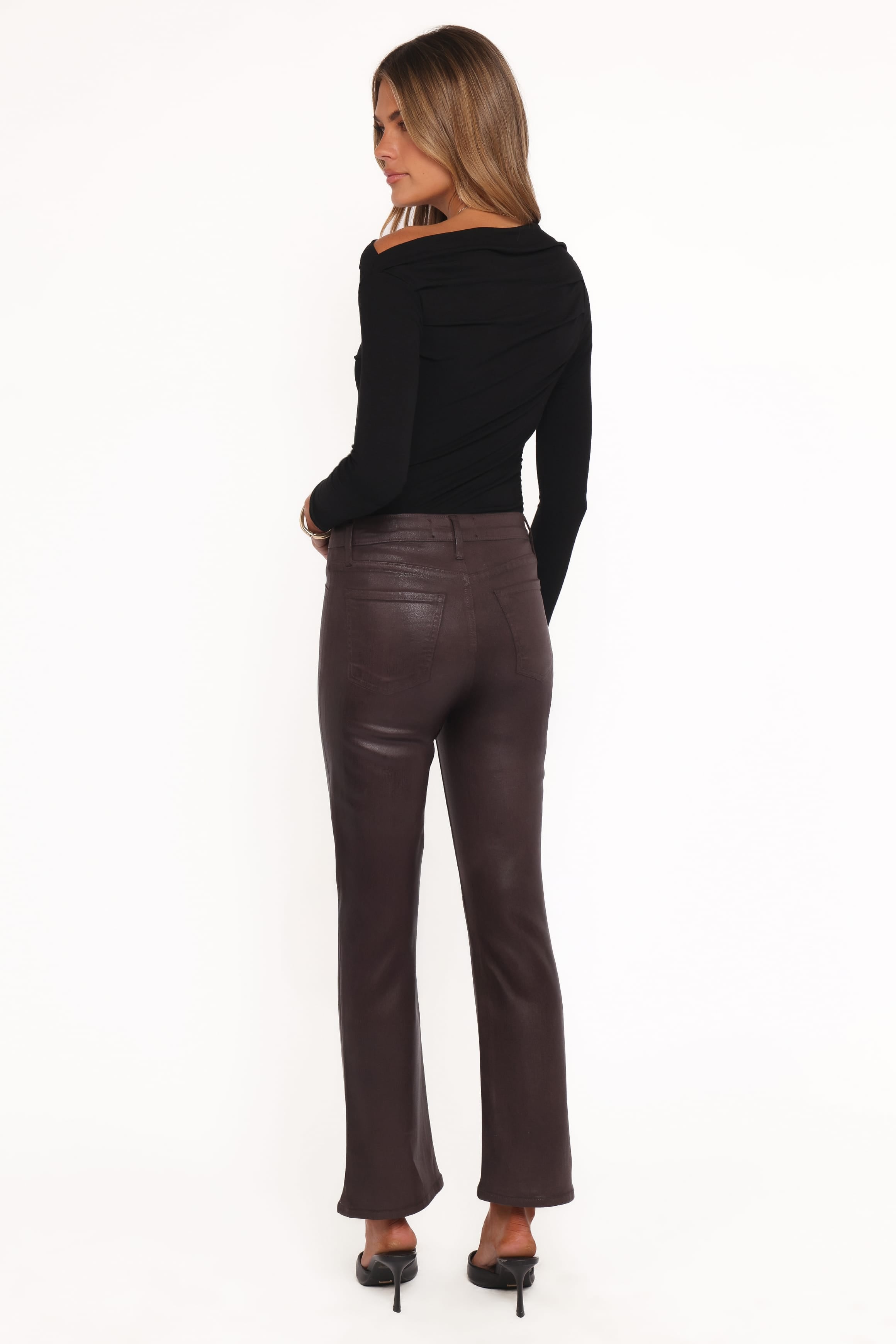 Petal and Pup USA BOTTOMS Kalindi Coated Cropped Bootcut Jean - Espresso
