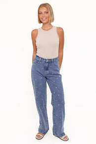 Petal and Pup USA BOTTOMS Kendall Straight Leg Jeans - Embroidery Medium Wash