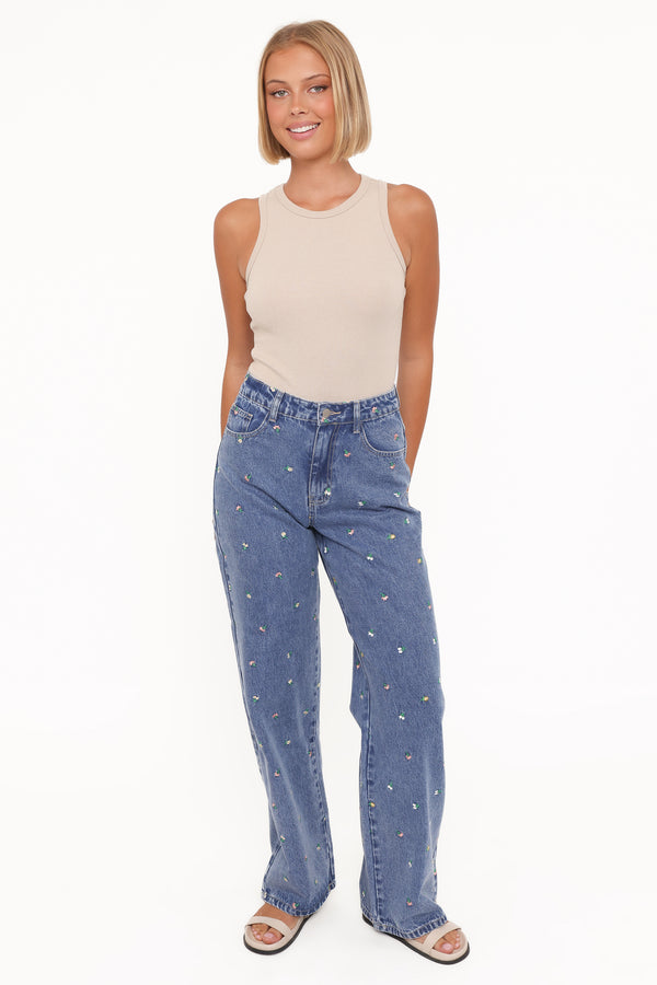 Petal and Pup USA BOTTOMS Kendall Straight Leg Jeans - Embroidery Medium Wash