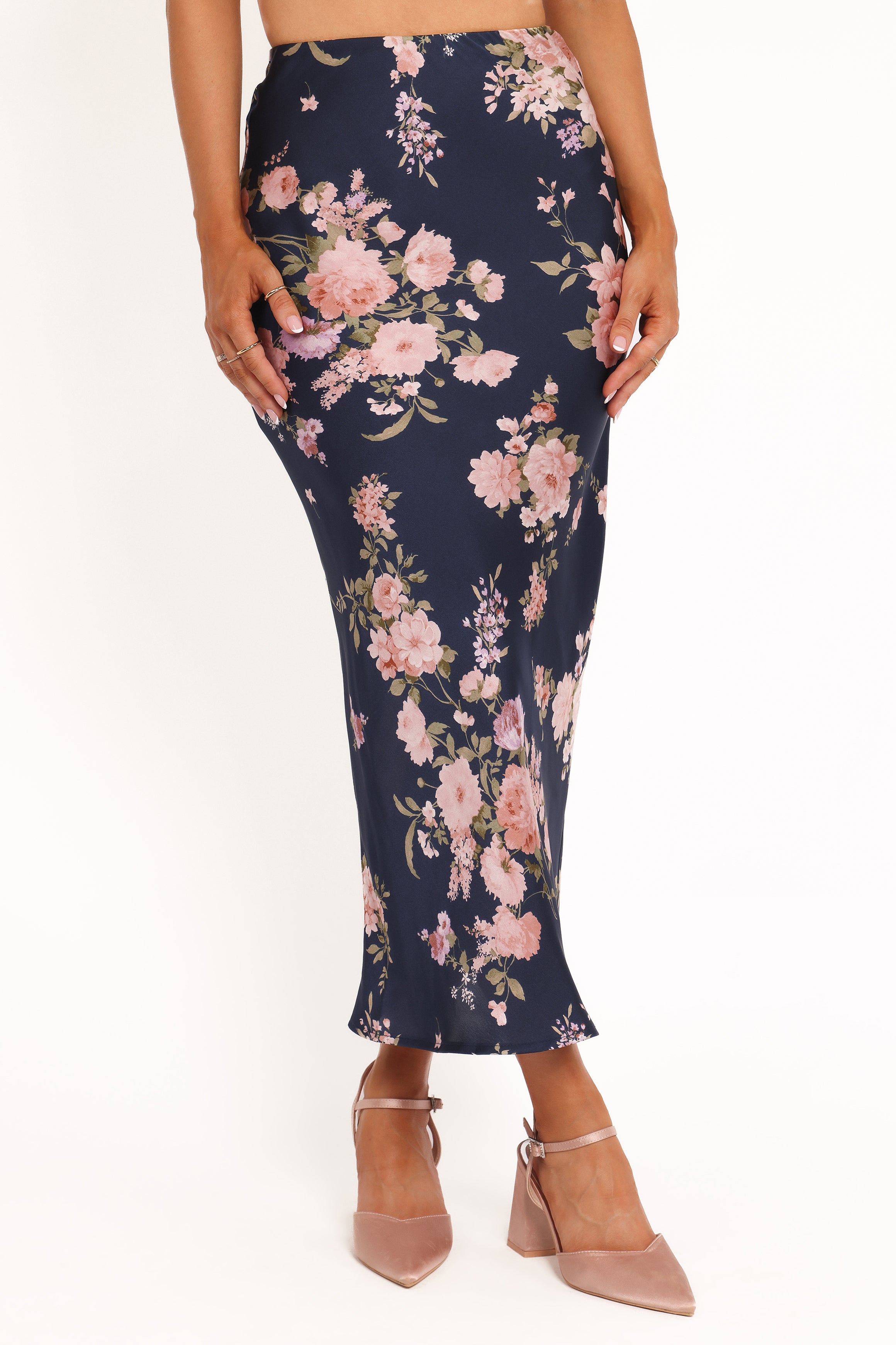 Petal and Pup USA BOTTOMS Kenna Satin Midi Skirt - Navy Floral