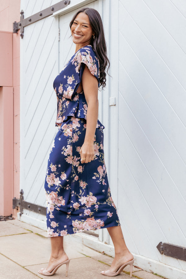 Petal and Pup USA BOTTOMS Kenna Satin Midi Skirt - Navy Floral