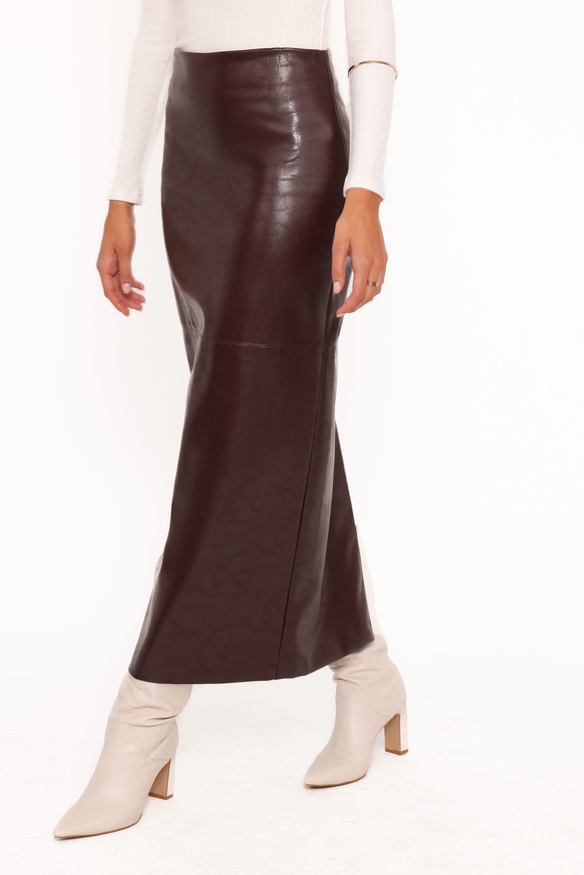 Petal and Pup USA BOTTOMS Koda Faux Leather Column Skirt - Burgundy