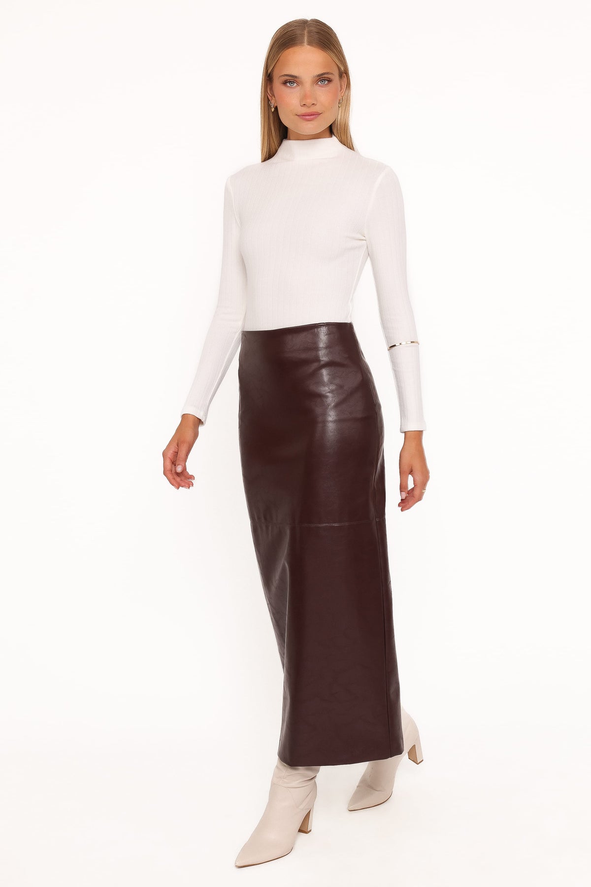 Petal and Pup USA BOTTOMS Koda Faux Leather Column Skirt - Burgundy