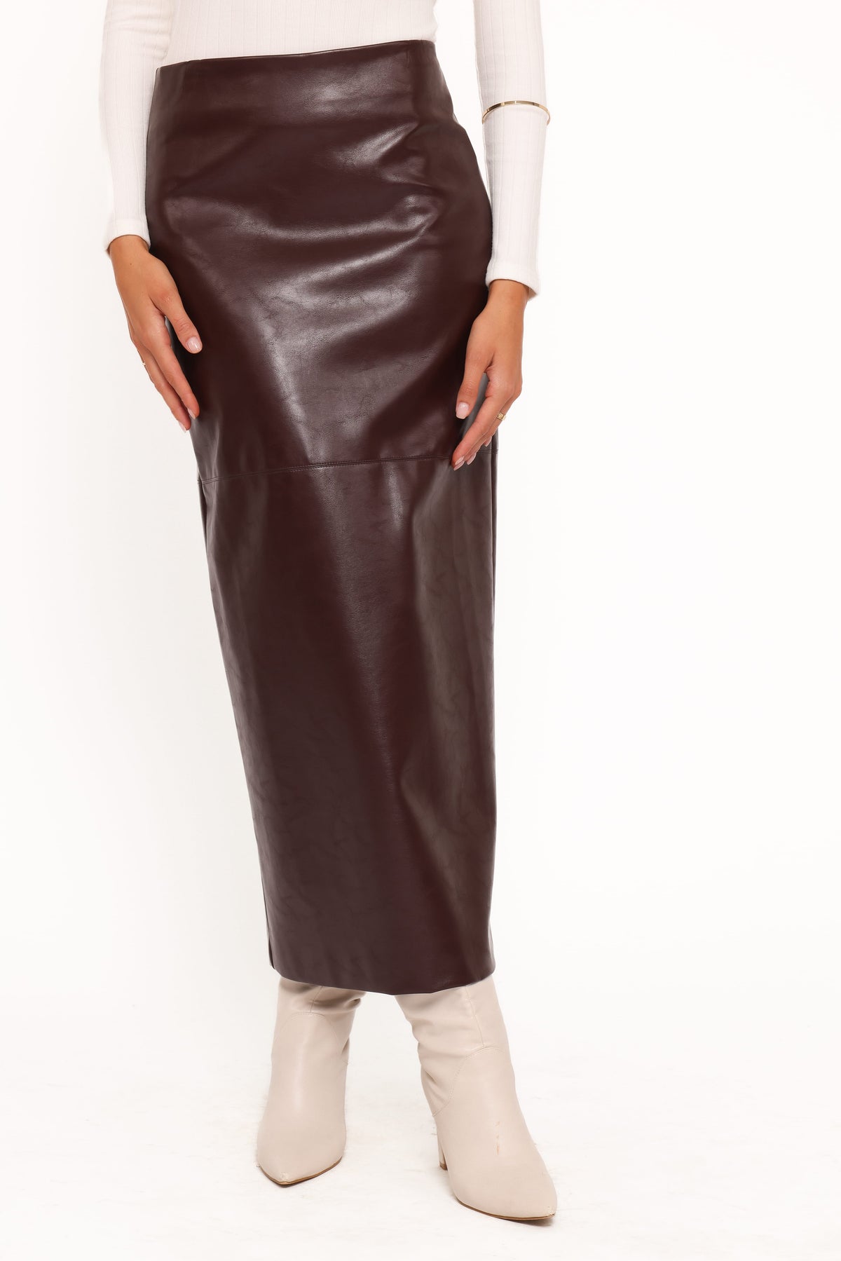Petal and Pup USA BOTTOMS Koda Faux Leather Column Skirt - Burgundy