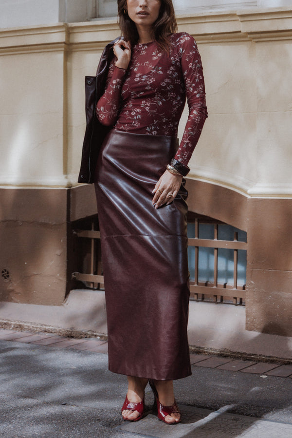 Petal and Pup USA BOTTOMS Koda Faux Leather Column Skirt - Burgundy