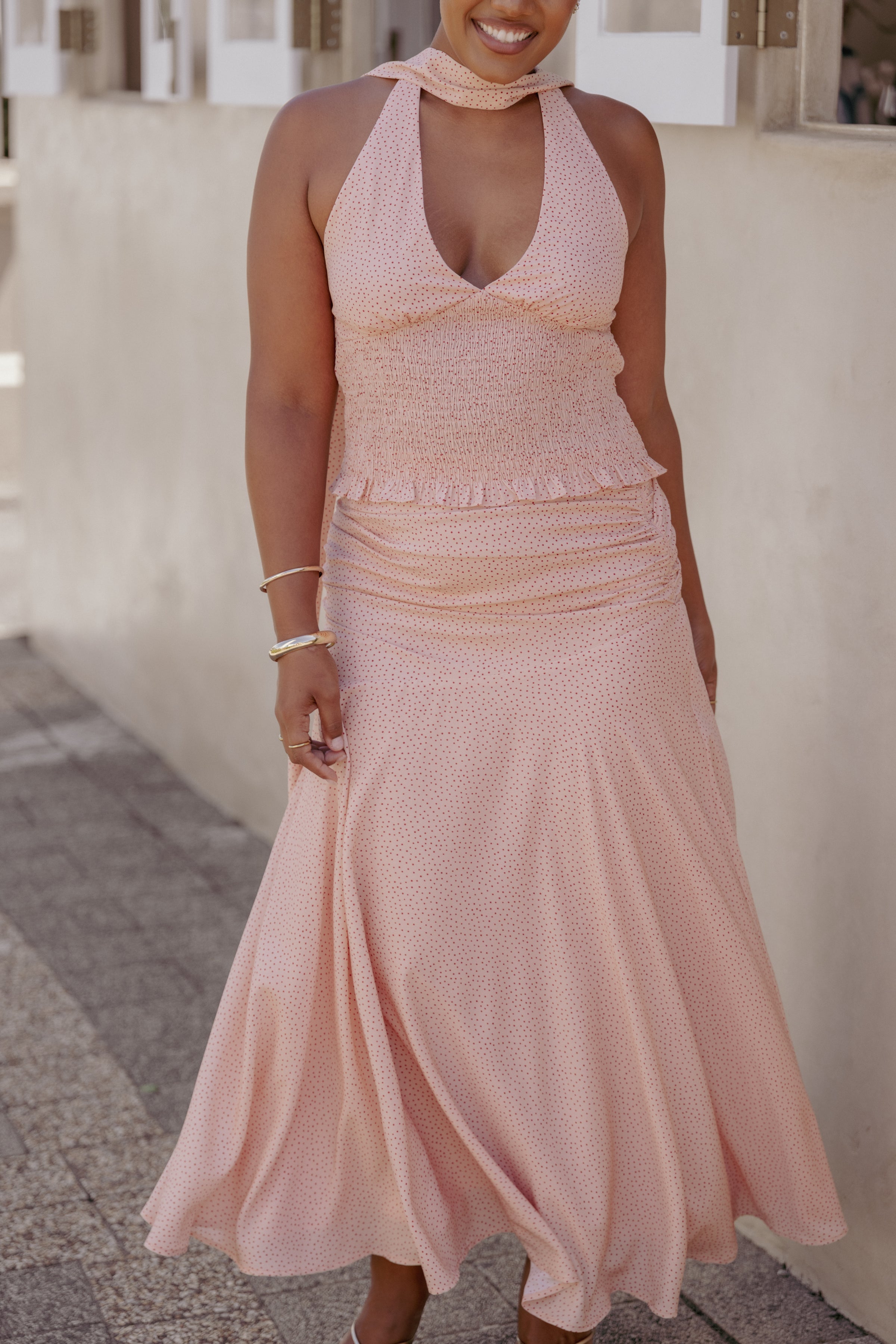 Petal and Pup USA BOTTOMS Lacy Maxi Skirt - Peach Polka Dot
