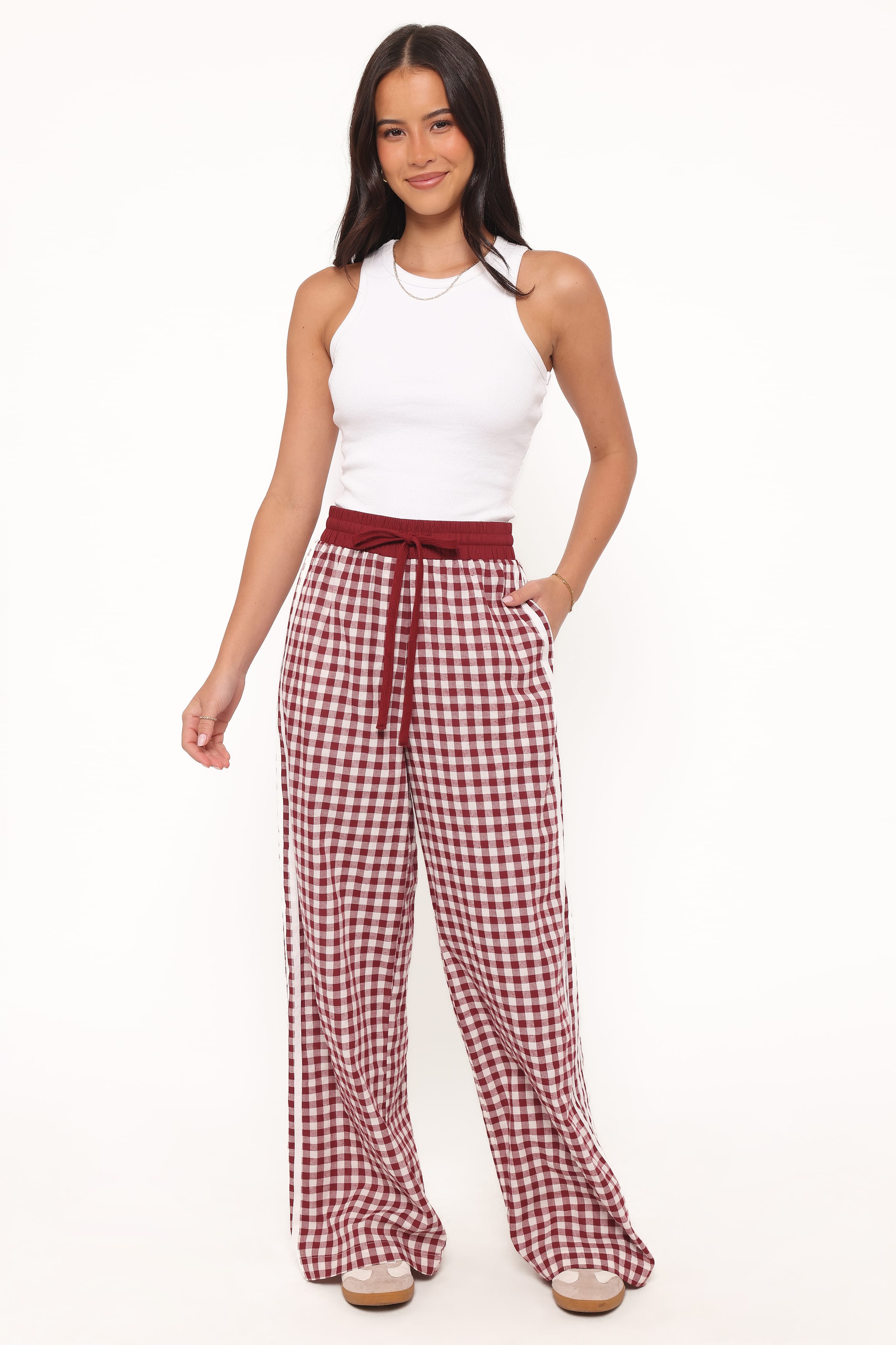 Petal and Pup USA BOTTOMS Lawson Track Pants - Burgundy Gingham