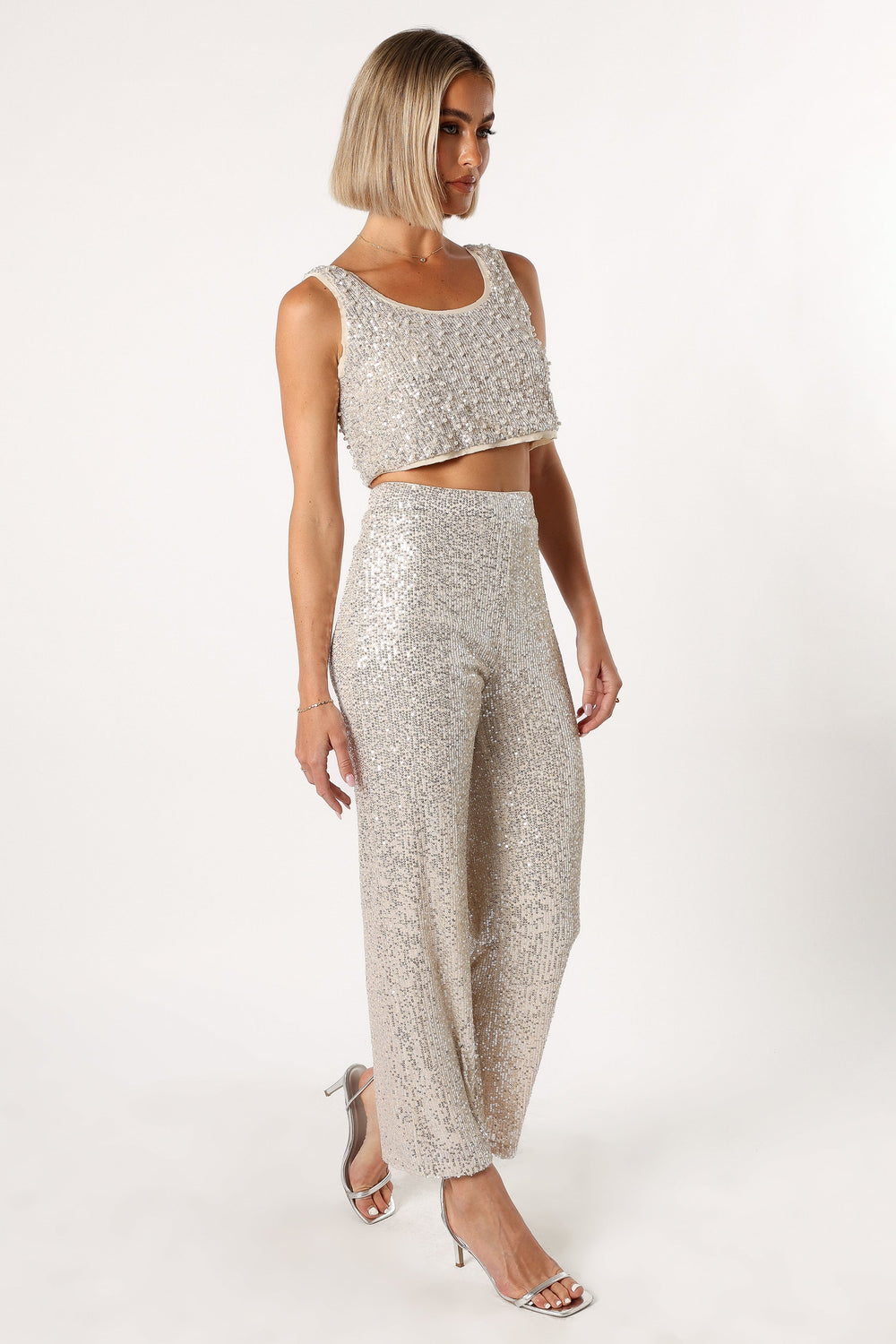 Petal and Pup USA BOTTOMS Lilianna Sequin Flare Pant - Silver